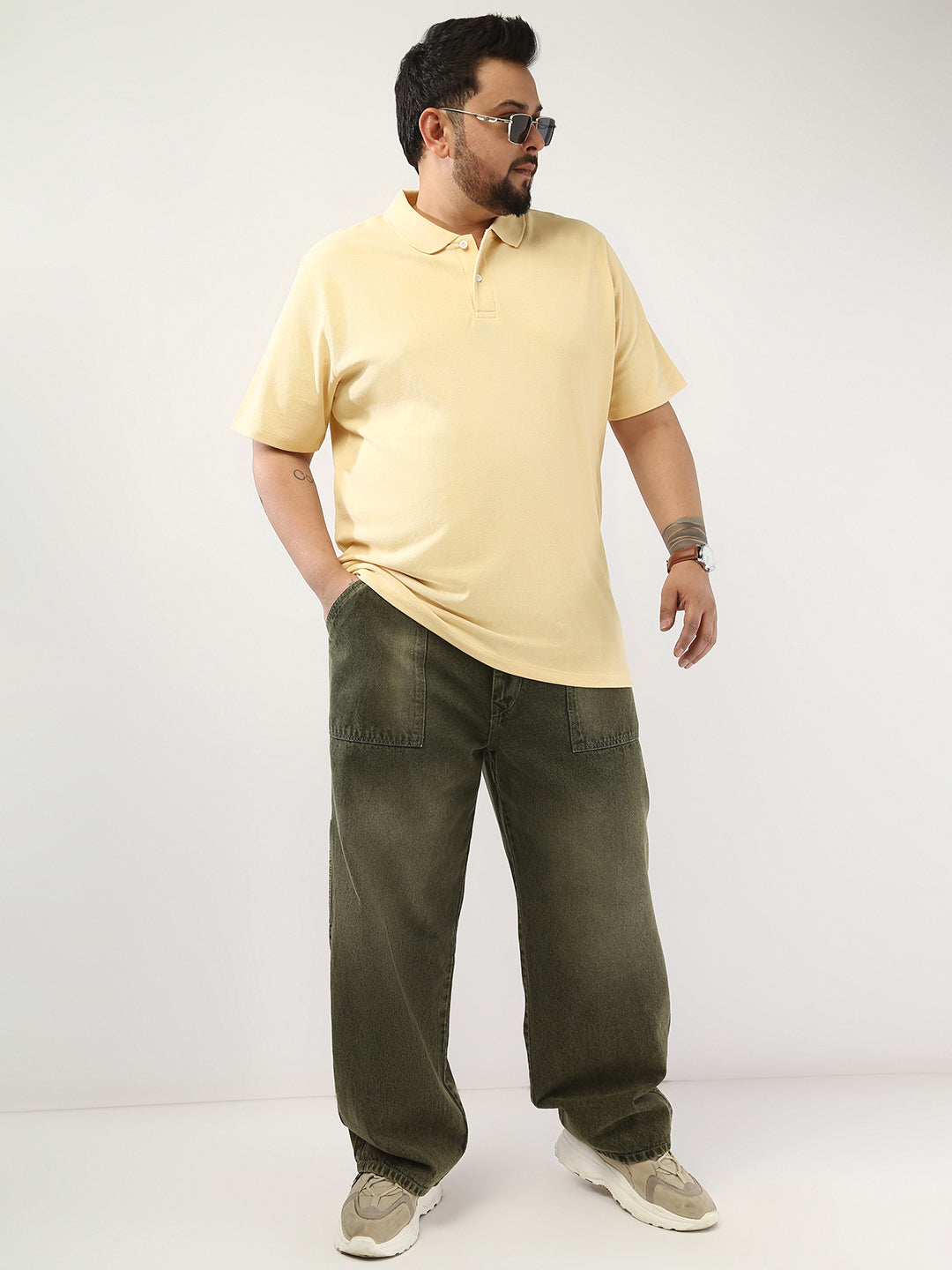 Plus Men's Beige Solid Regular Fit Half Sleeve Cotton Polo T-Shirt