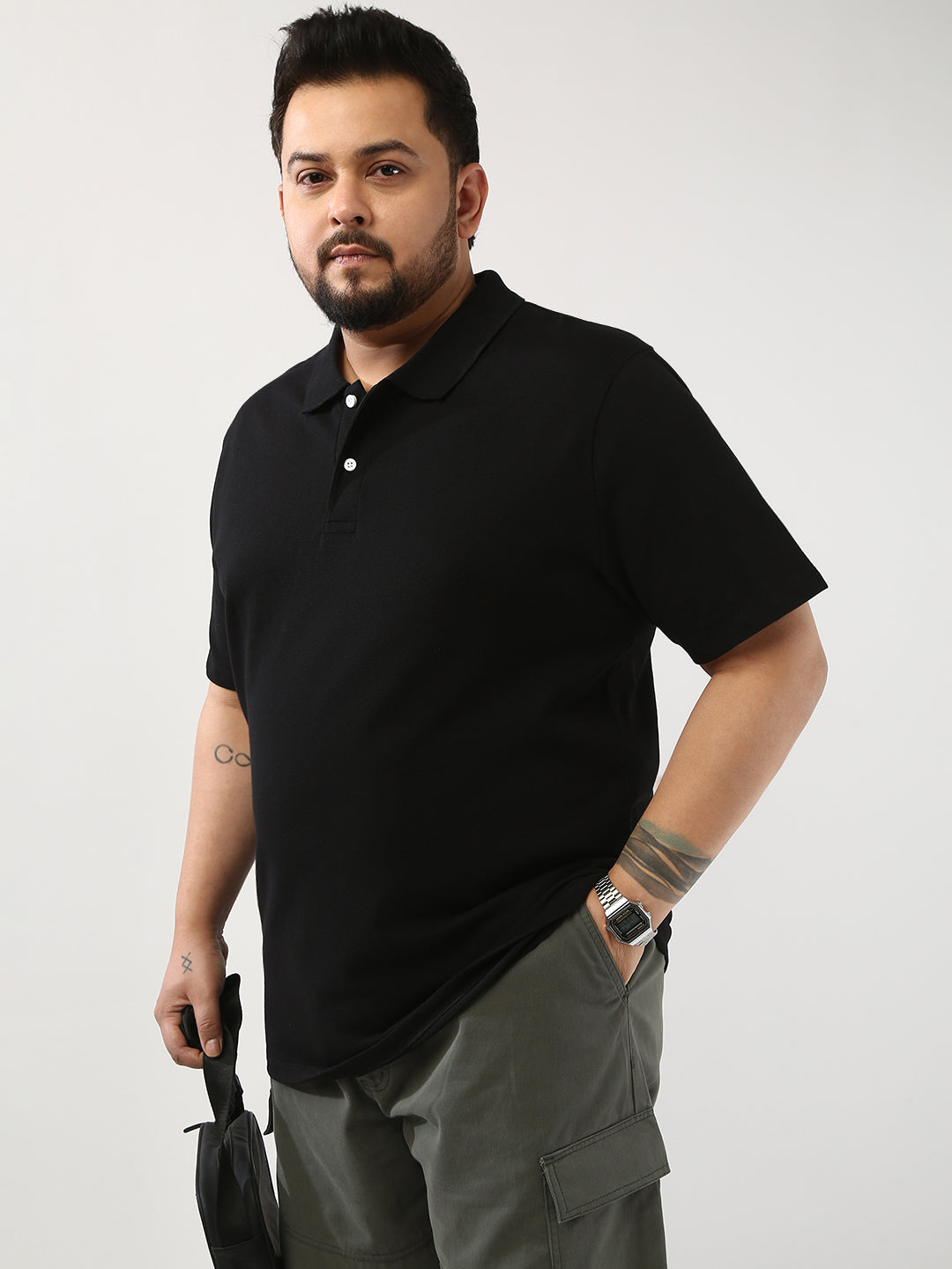 Plus Men's Black Solid Regular Fit Half Sleeve Cotton Polo T-Shirt