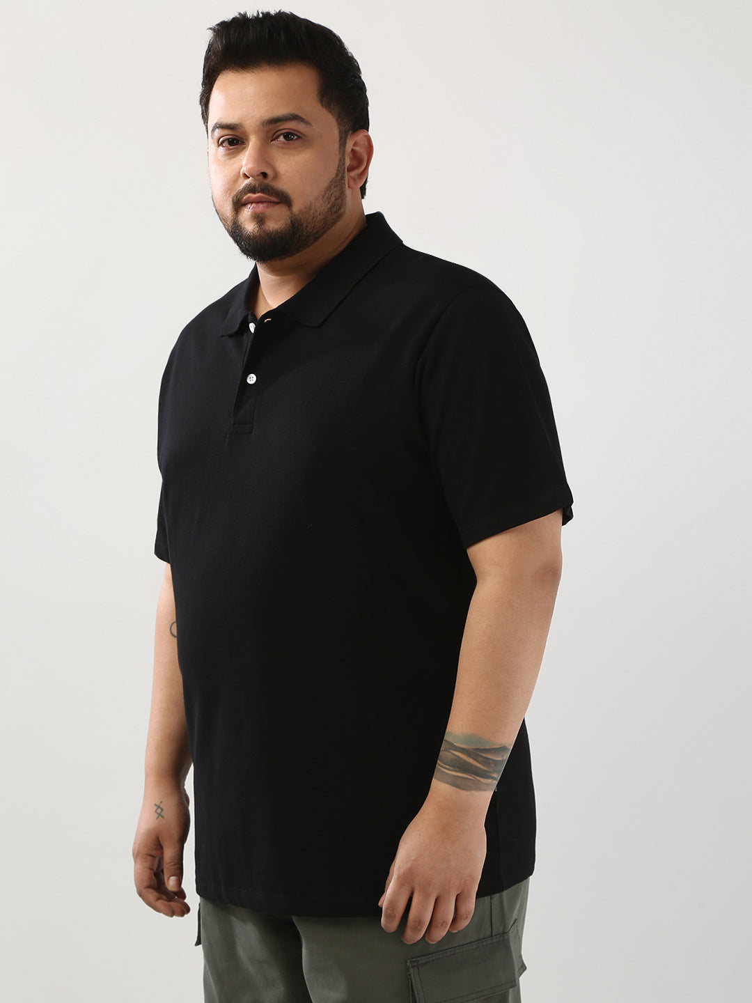 Plus Men's Black Solid Regular Fit Half Sleeve Cotton Polo T-Shirt