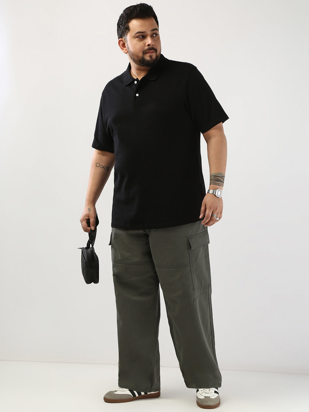 Plus Men's Black Solid Regular Fit Half Sleeve Cotton Polo T-Shirt