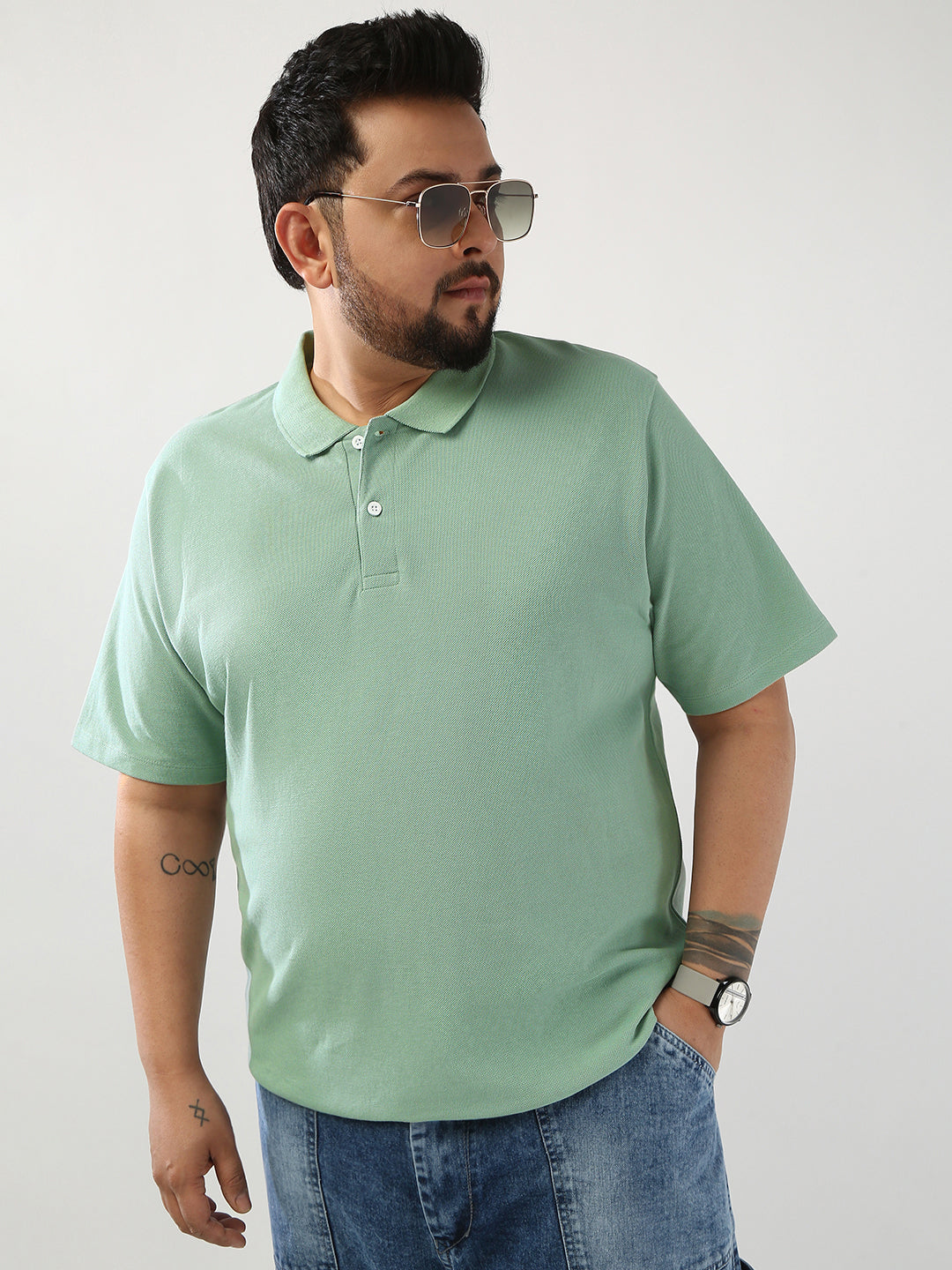 Plus Men's Granite Green Solid Regular Fit Half Sleeve Cotton Polo T-Shirt