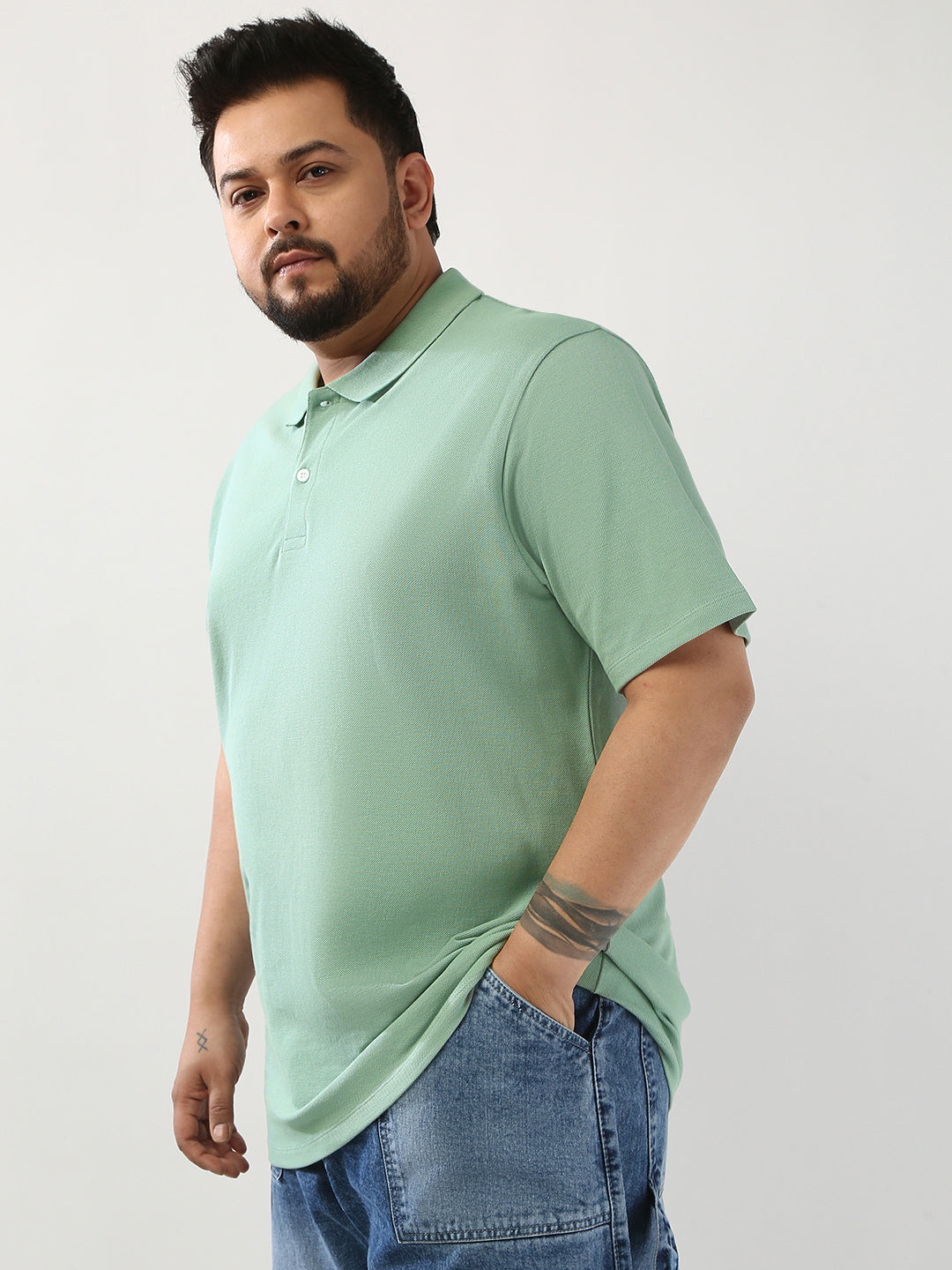 Plus Men's Granite Green Solid Regular Fit Half Sleeve Cotton Polo T-Shirt