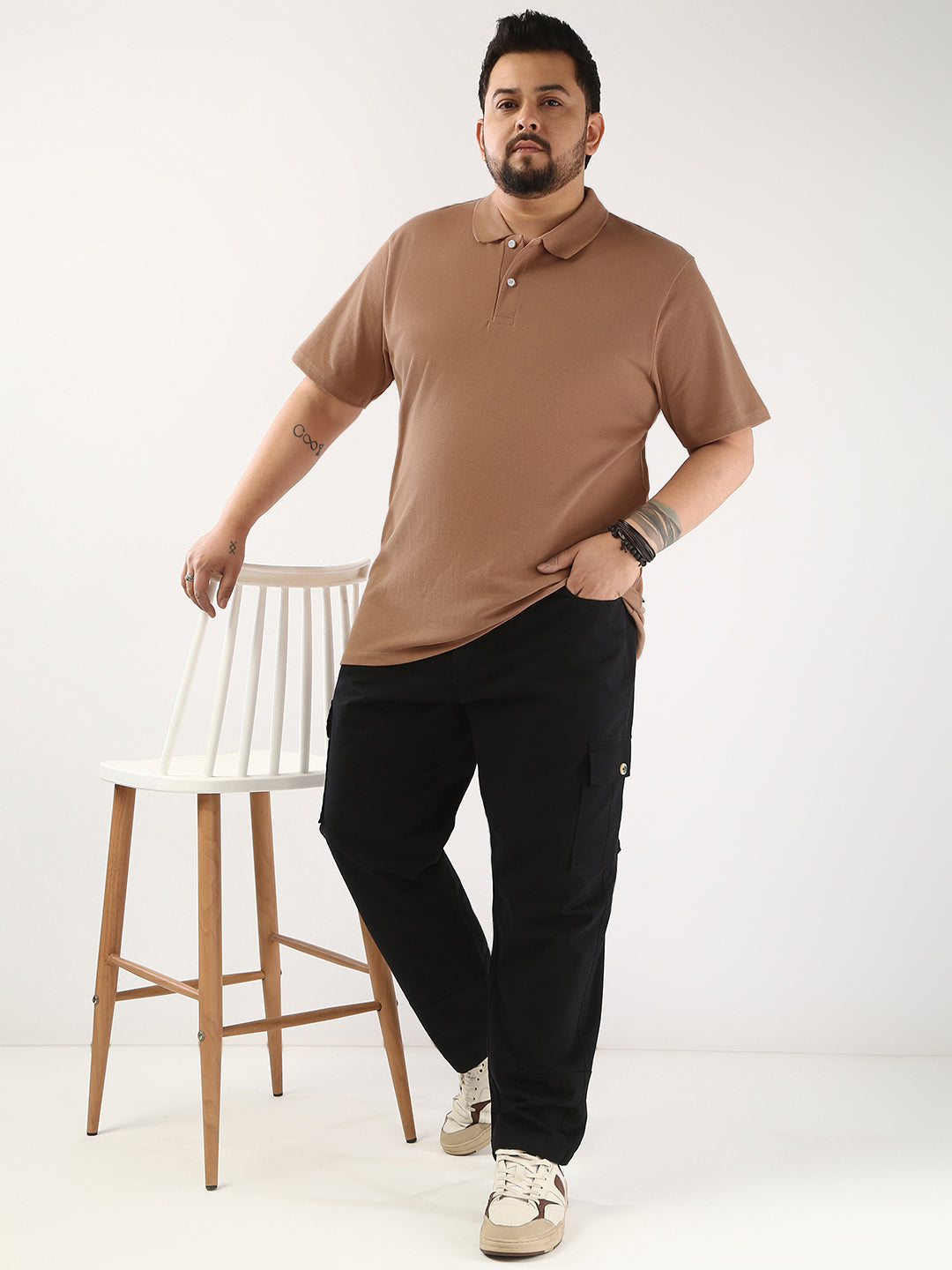 Plus Men's Mocha Mousse Solid Regular Fit Half Sleeve Cotton Polo T-Shirt