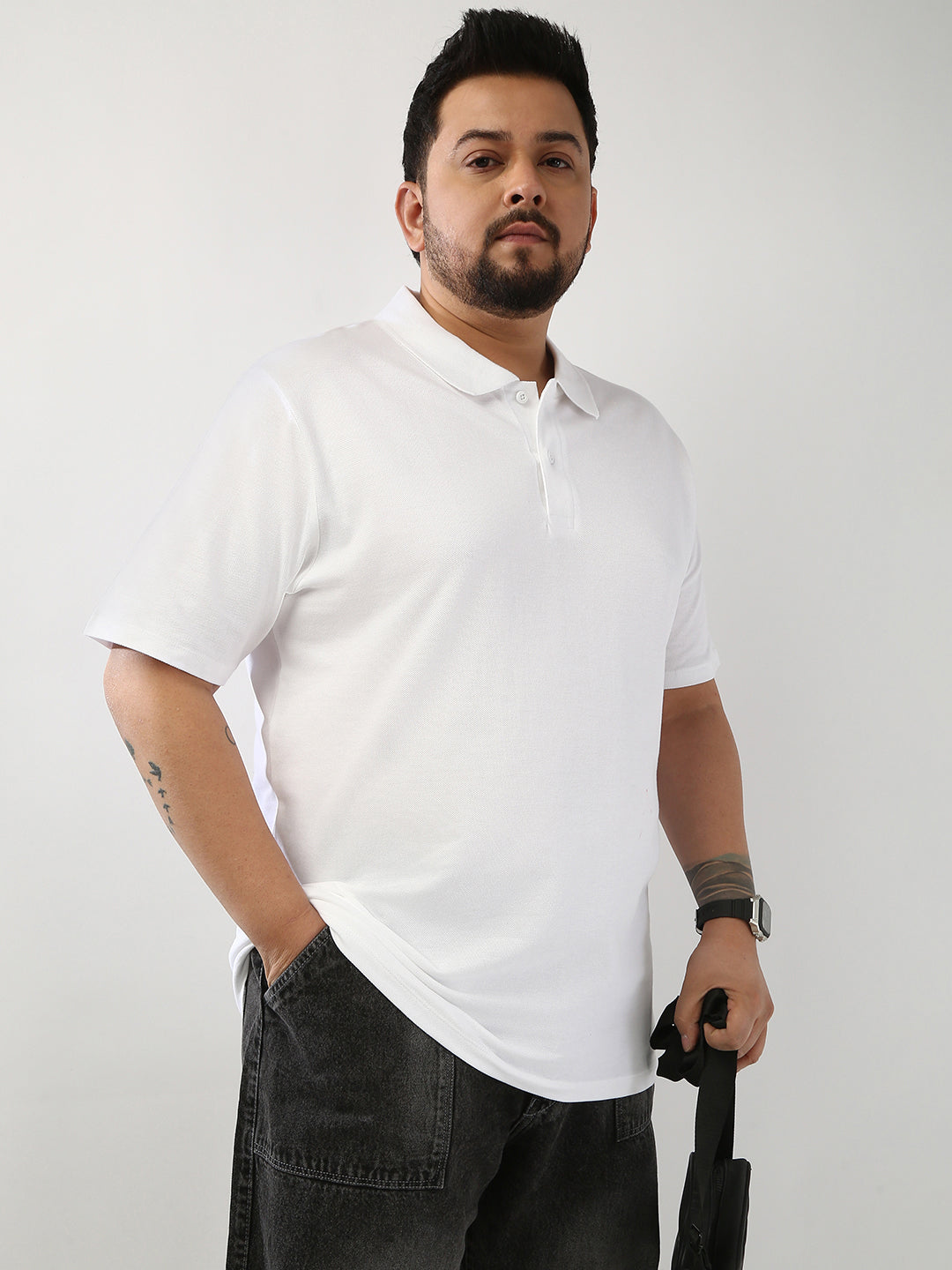 Plus Men's White Solid Regular Fit Half Sleeve Cotton Polo T-Shirt