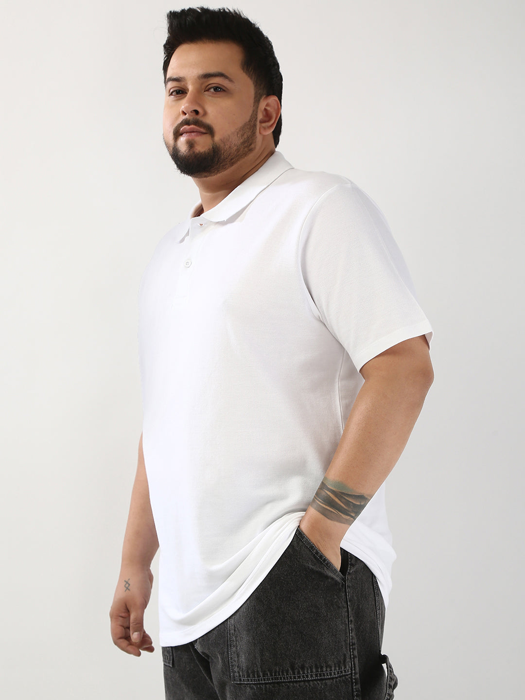 Plus Men's White Solid Regular Fit Half Sleeve Cotton Polo T-Shirt