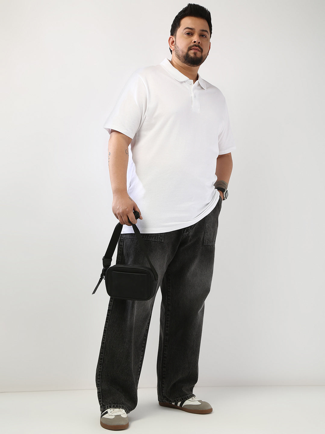 Plus Men's White Solid Regular Fit Half Sleeve Cotton Polo T-Shirt