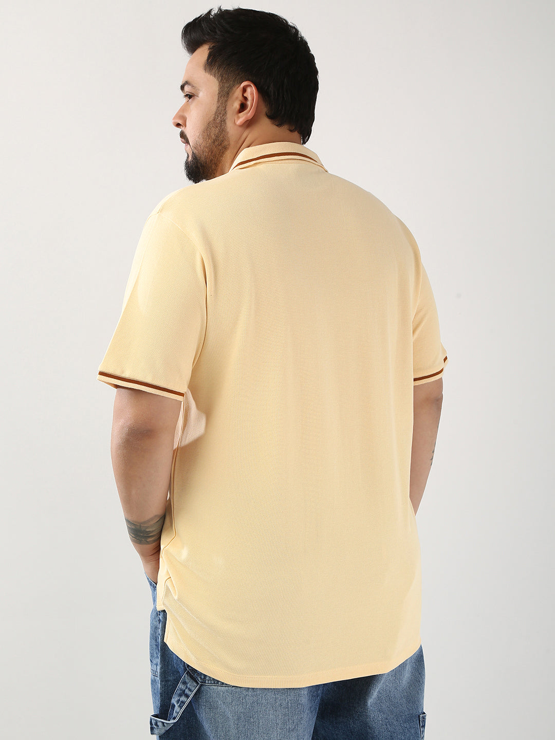 Plus Men's Light Beige Solid Regular Fit Half Sleeve Cotton Polo T-Shirt