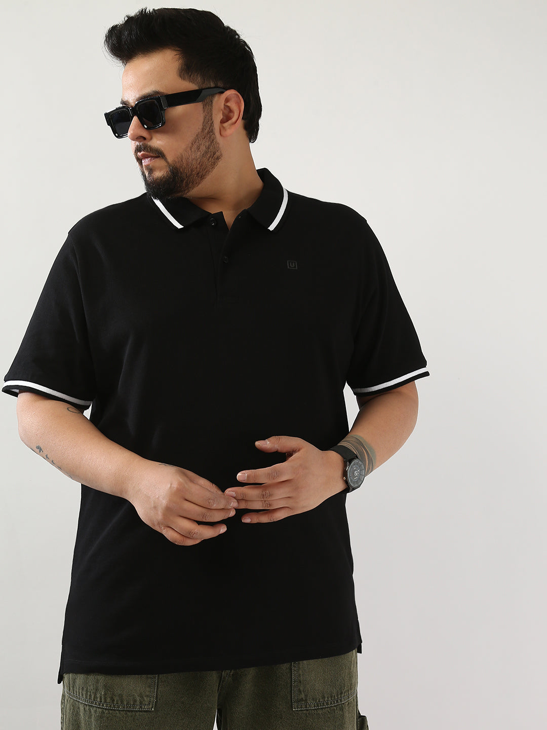 Plus Men's Black Solid Regular Fit Half Sleeve Cotton Polo T-Shirt