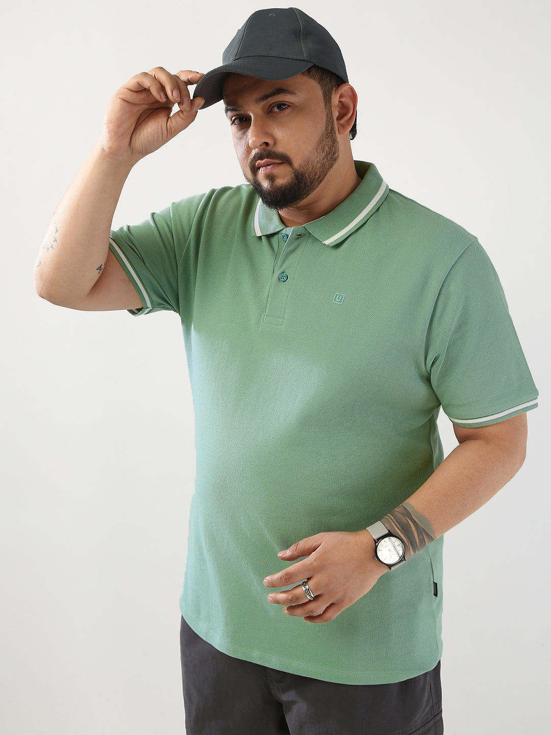 Plus Men's Granite Green Solid Regular Fit Half Sleeve Cotton Polo T-Shirt