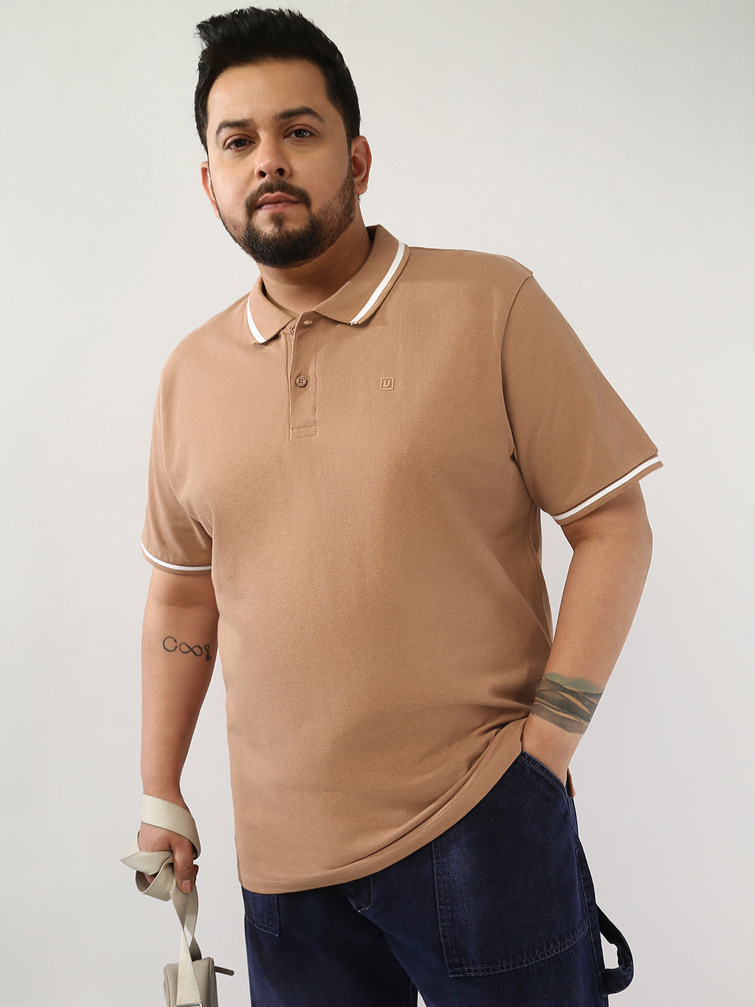 Plus Men's Mocha Mousse Solid Regular Fit Half Sleeve Cotton Polo T-Shirt