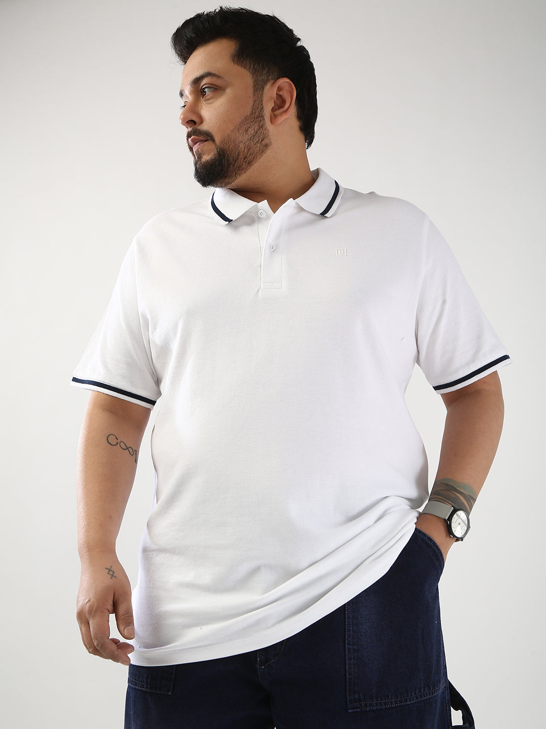 Plus Men's White Solid Regular Fit Half Sleeve Cotton Polo T-Shirt