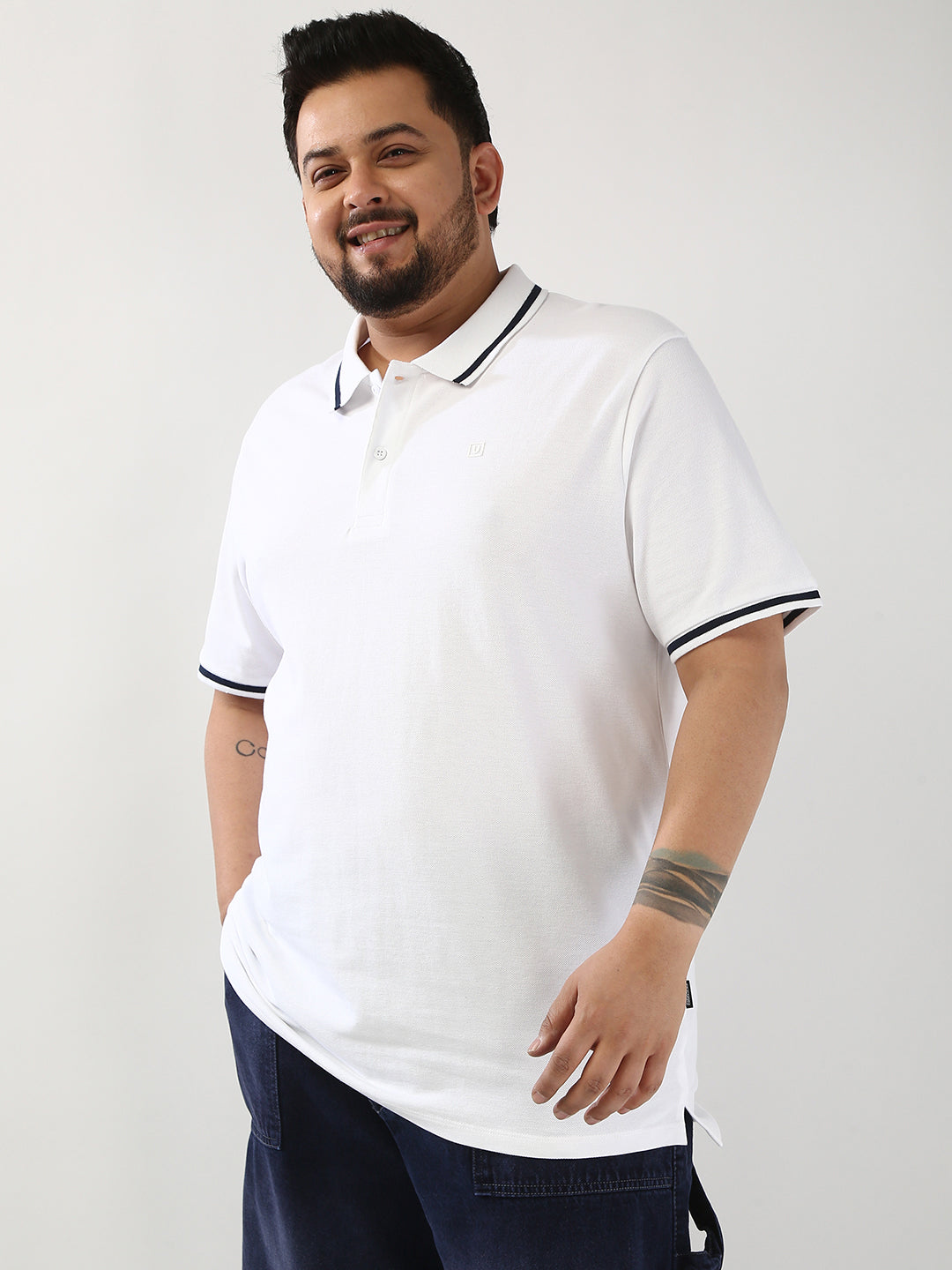 Plus Men's White Solid Regular Fit Half Sleeve Cotton Polo T-Shirt