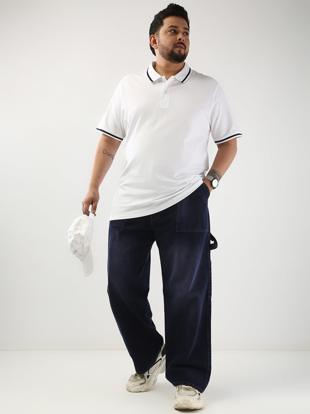Plus Men's White Solid Regular Fit Half Sleeve Cotton Polo T-Shirt