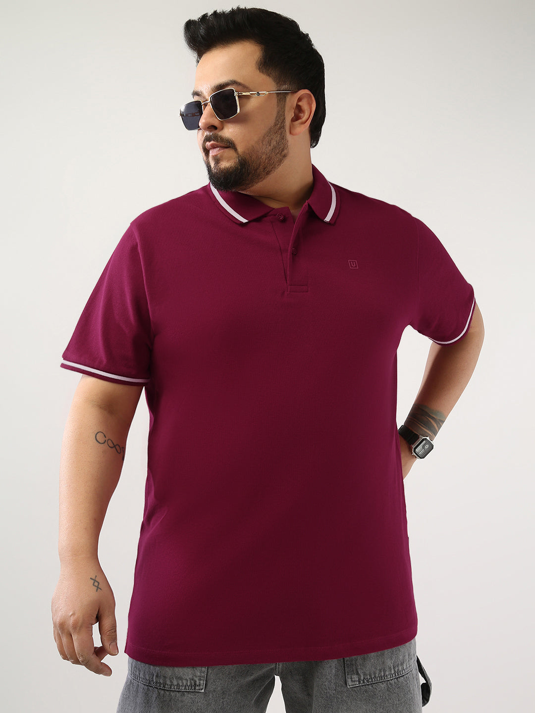Plus Men's Wine Solid Regular Fit Half Sleeve Cotton Polo T-Shirt