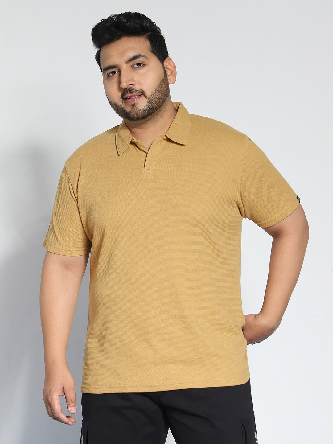 Plus Men's Beige Textured Regular Fit Half Sleeve Cotton Polo T-Shirt