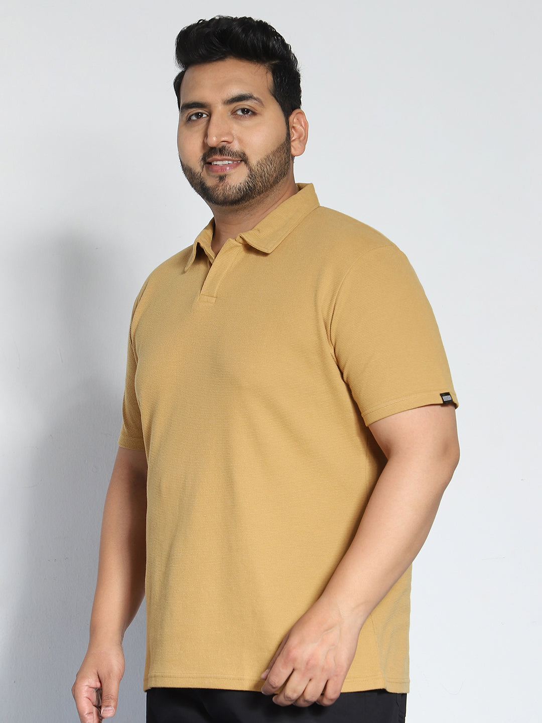 Plus Men's Beige Textured Regular Fit Half Sleeve Cotton Polo T-Shirt