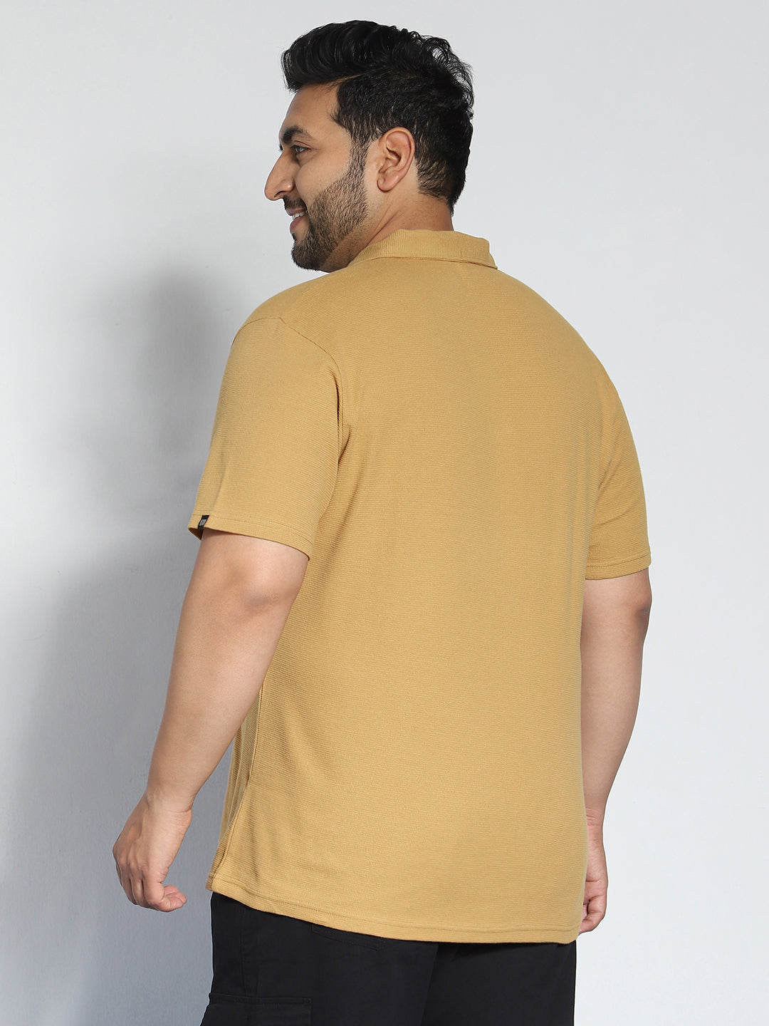 Plus Men's Beige Textured Regular Fit Half Sleeve Cotton Polo T-Shirt