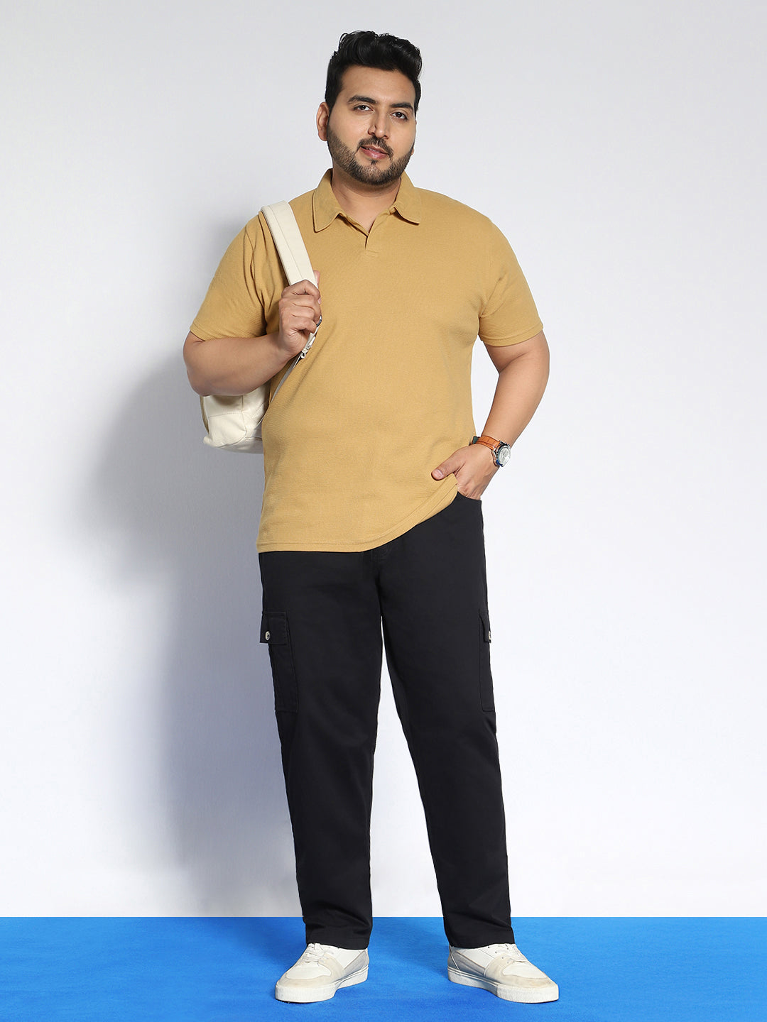 Plus Men's Beige Textured Regular Fit Half Sleeve Cotton Polo T-Shirt