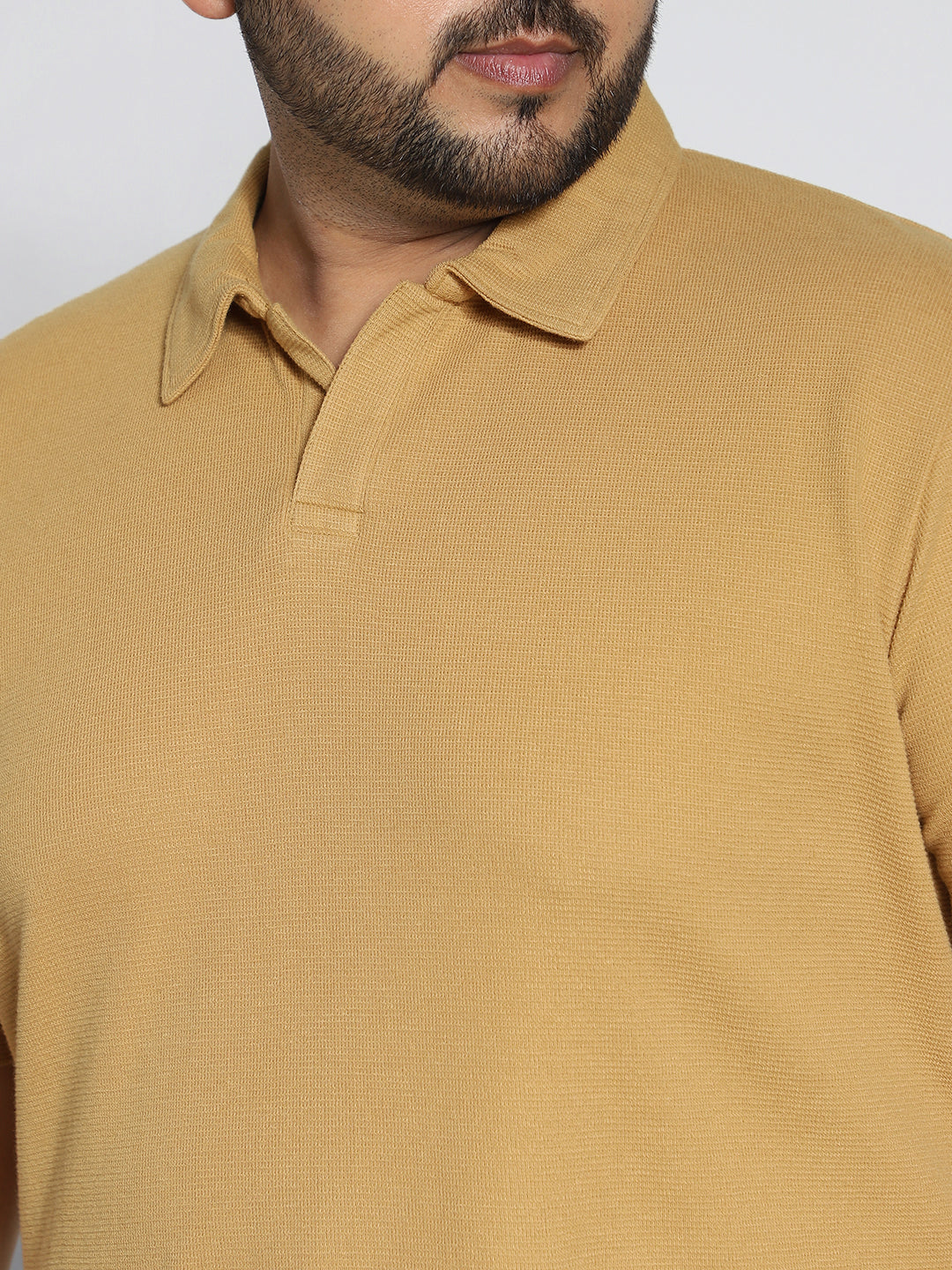 Plus Men's Beige Textured Regular Fit Half Sleeve Cotton Polo T-Shirt