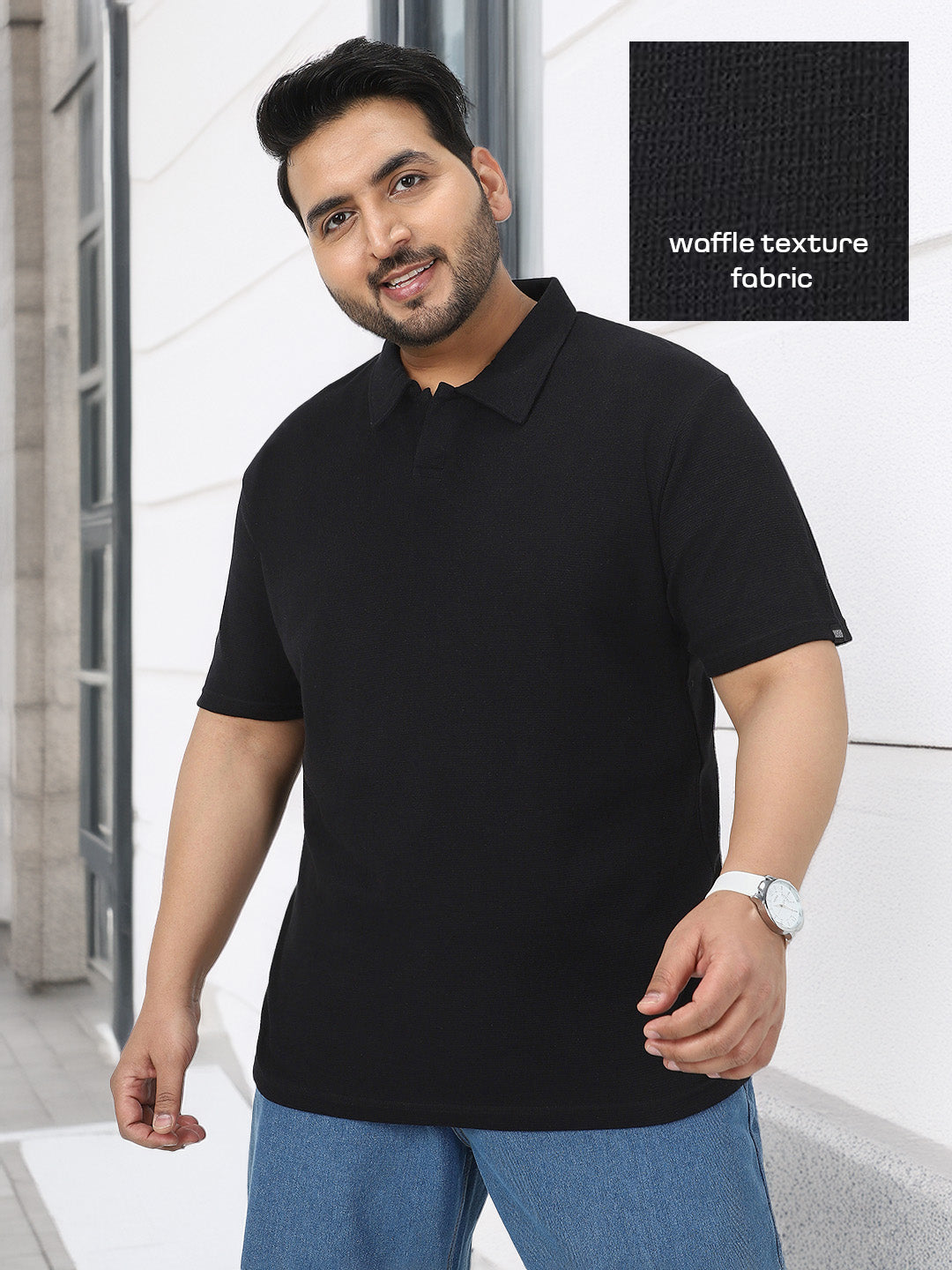 Plus Men's Black Textured Regular Fit Half Sleeve Cotton Polo T-Shirt