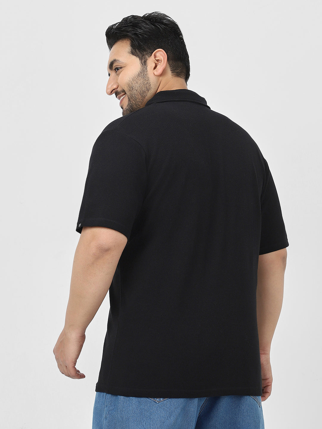 Plus Men's Black Textured Regular Fit Half Sleeve Cotton Polo T-Shirt