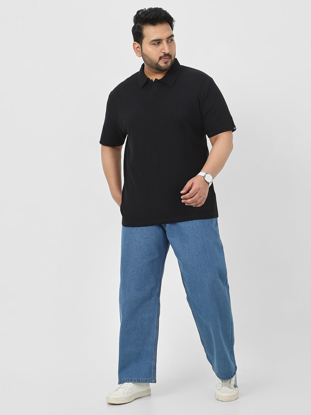 Plus Men's Black Textured Regular Fit Half Sleeve Cotton Polo T-Shirt