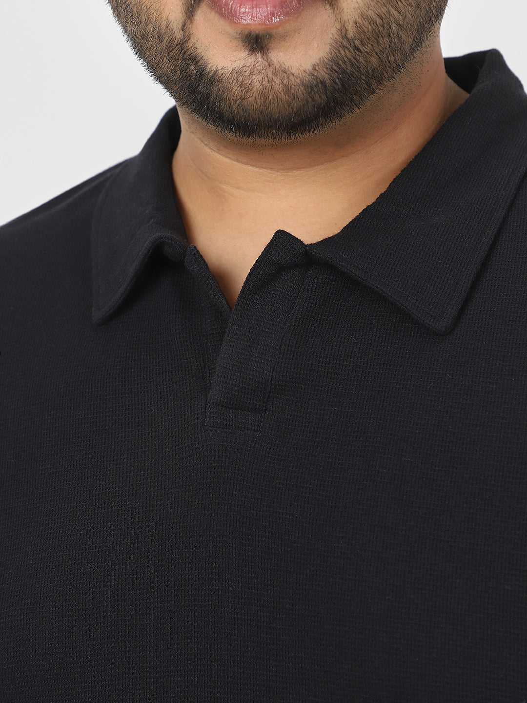Plus Men's Black Textured Regular Fit Half Sleeve Cotton Polo T-Shirt