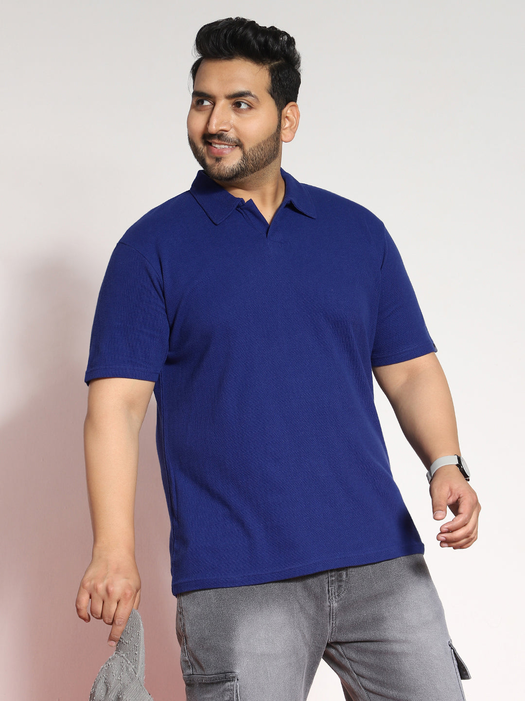 Plus Men's Blue Textured Regular Fit Half Sleeve Cotton Polo T-Shirt