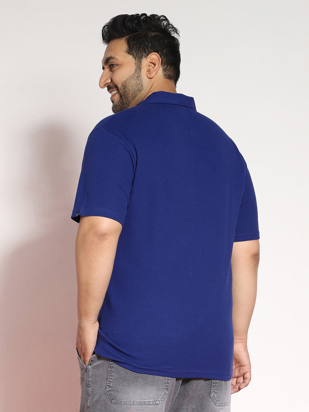 Plus Men's Blue Textured Regular Fit Half Sleeve Cotton Polo T-Shirt