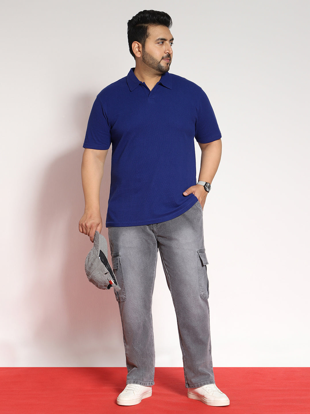 Plus Men's Blue Textured Regular Fit Half Sleeve Cotton Polo T-Shirt