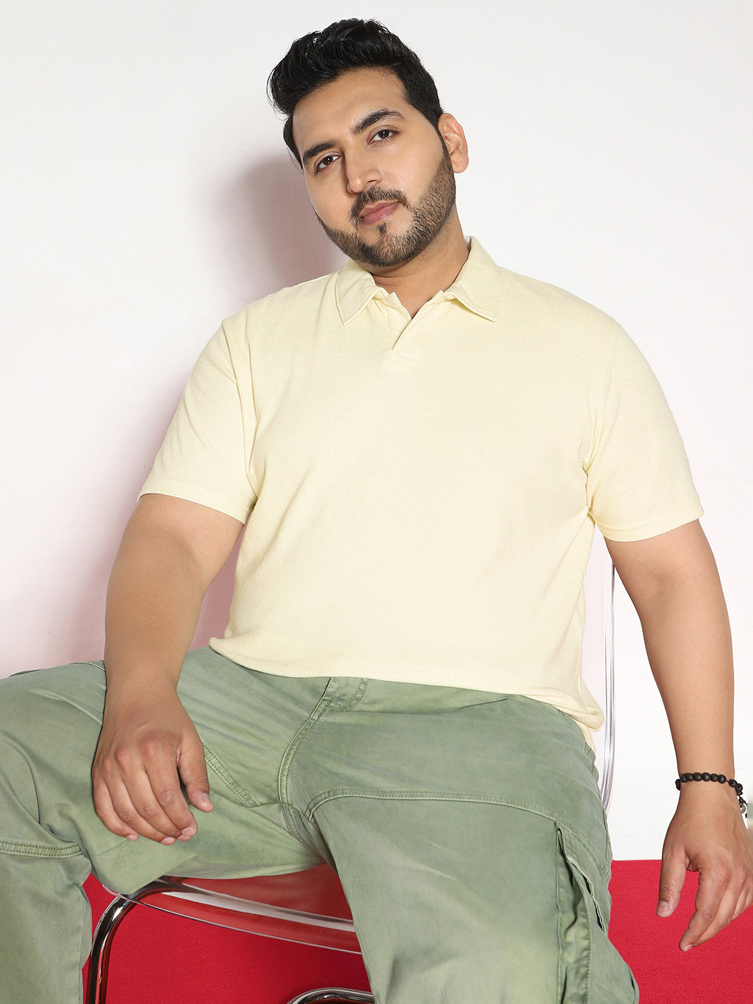 Plus Men's Cloud Cream Textured Regular Fit Half Sleeve Cotton Polo T-Shirt