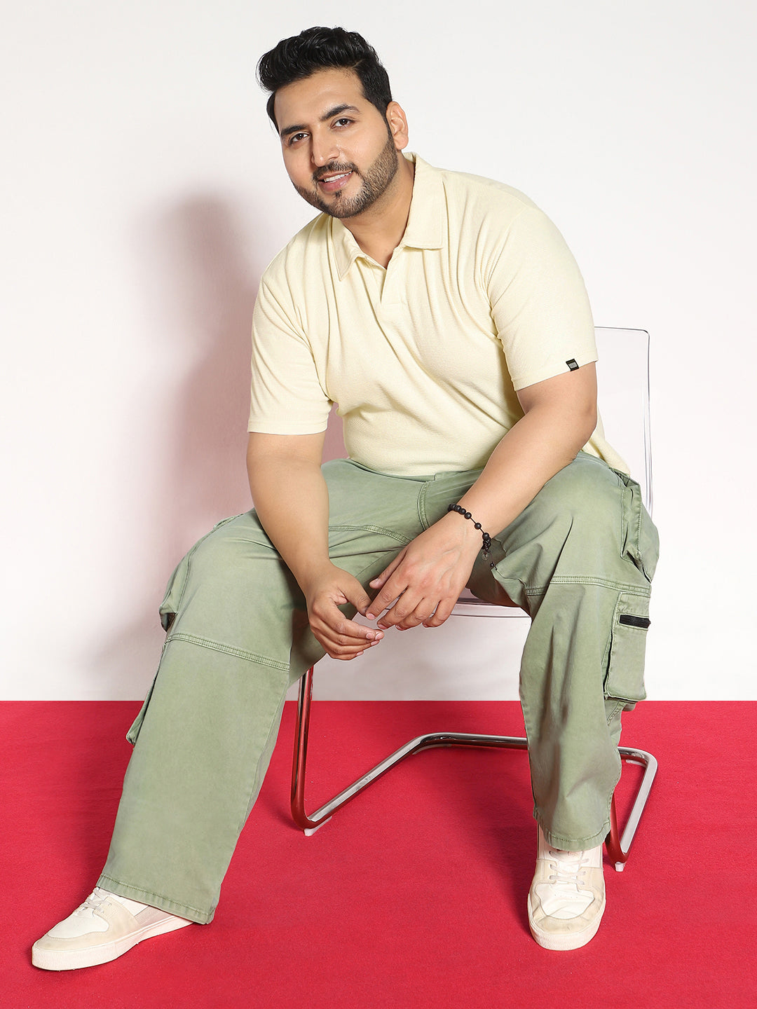 Plus Men's Cloud Cream Textured Regular Fit Half Sleeve Cotton Polo T-Shirt