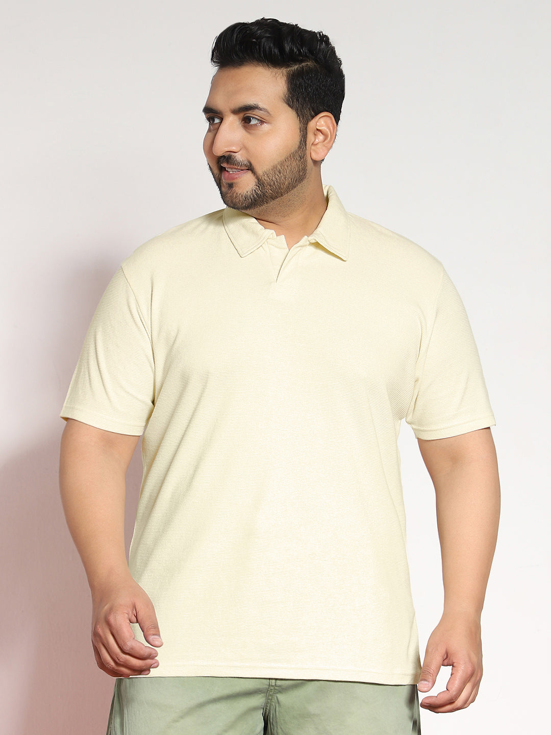 Plus Men's Cloud Cream Textured Regular Fit Half Sleeve Cotton Polo T-Shirt