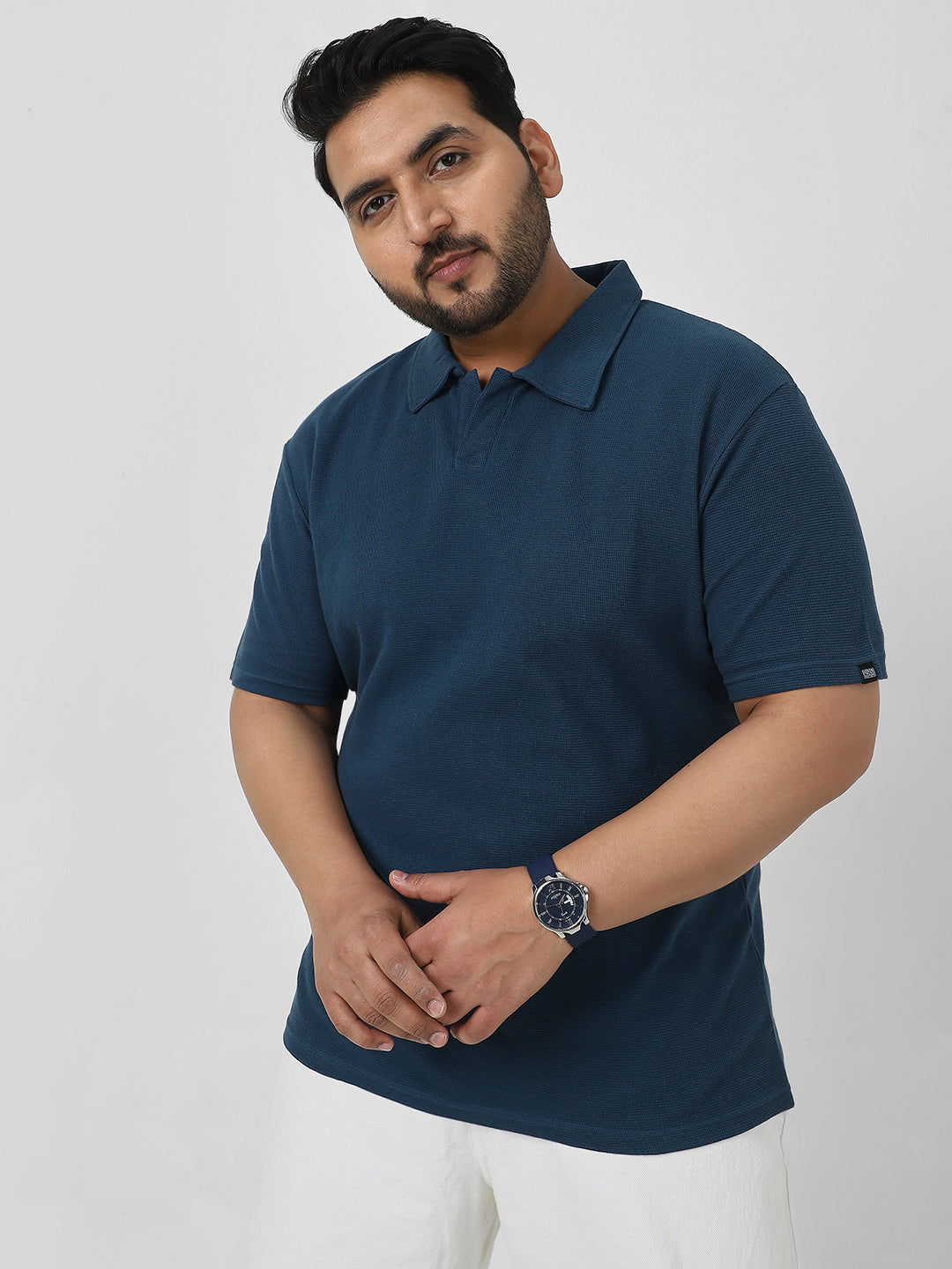 Plus Men's Deep Navy Textured Regular Fit Half Sleeve Cotton Polo T-Shirt