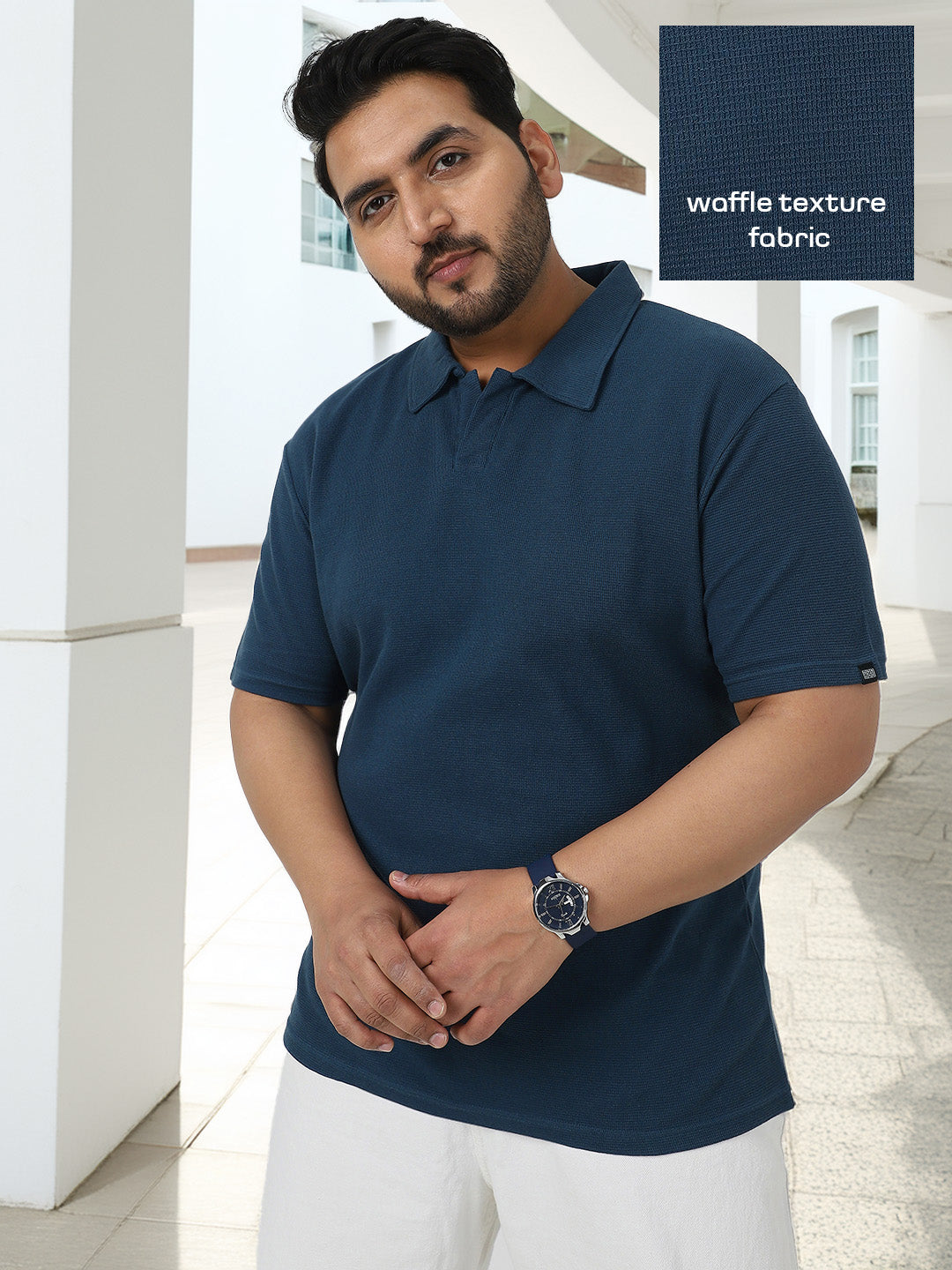 Plus Men's Deep Navy Textured Regular Fit Half Sleeve Cotton Polo T-Shirt