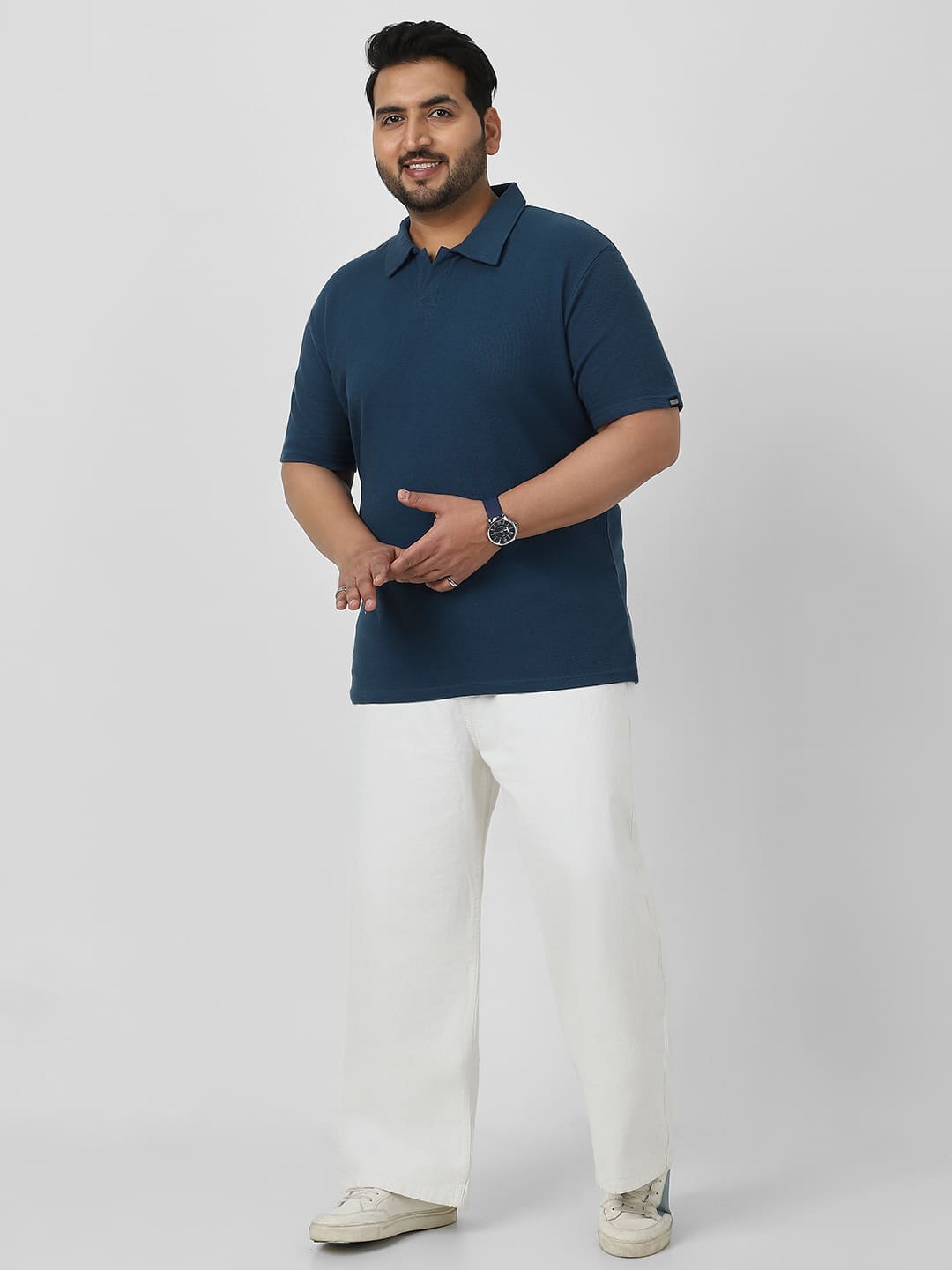 Plus Men's Deep Navy Textured Regular Fit Half Sleeve Cotton Polo T-Shirt