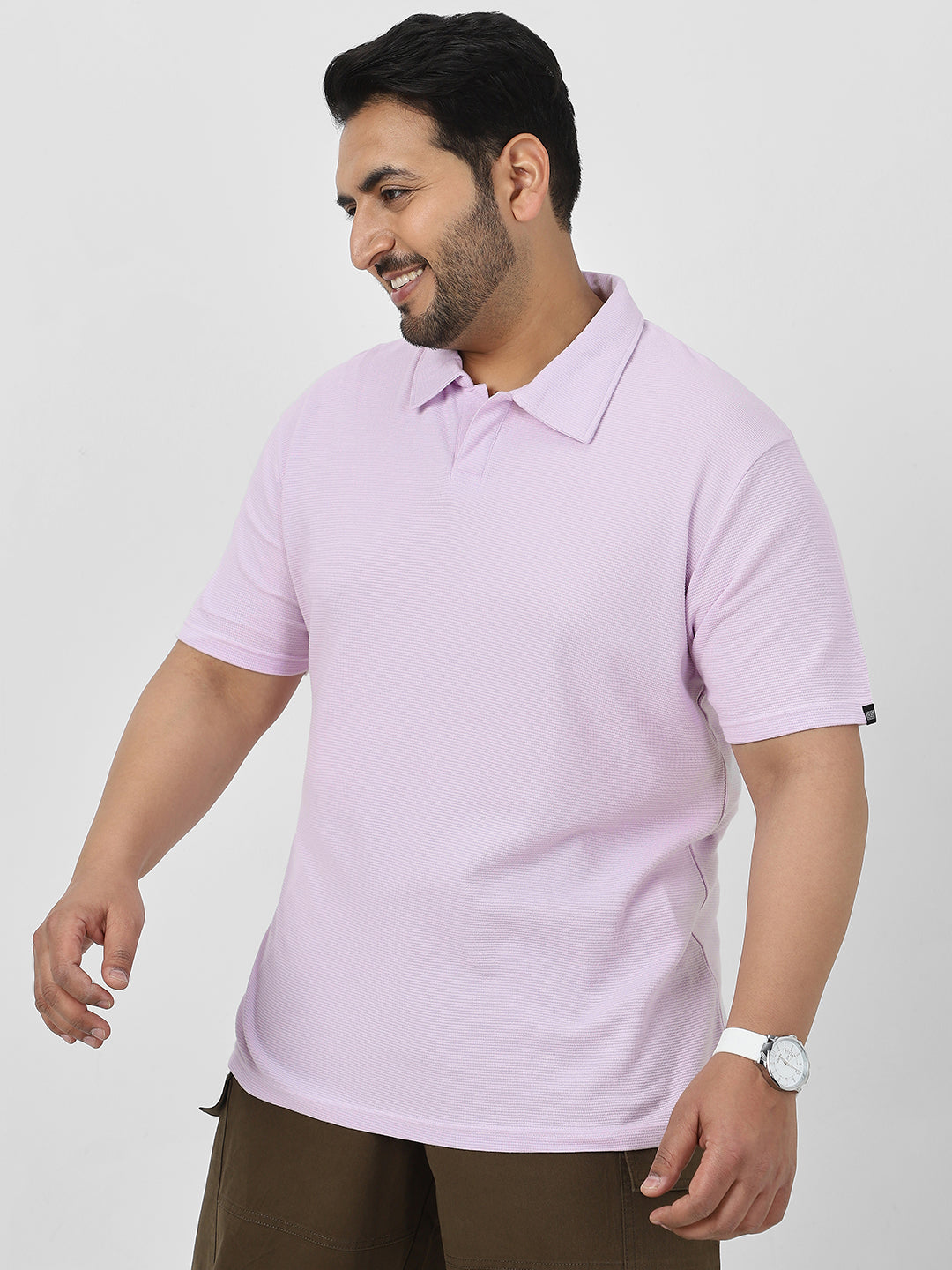 Plus Men's Lilac Textured Regular Fit Half Sleeve Cotton Polo T-Shirt