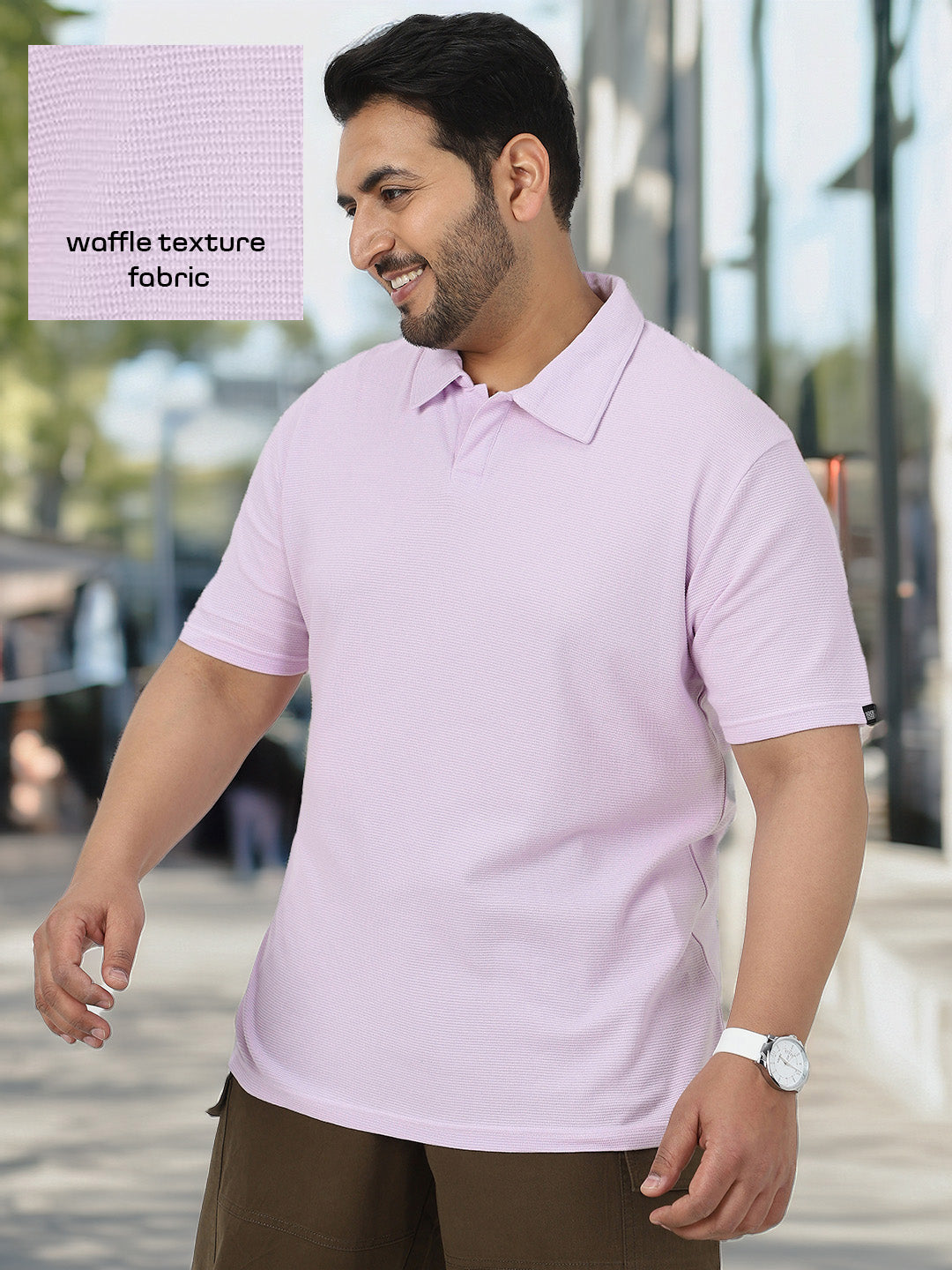 Plus Men's Lilac Textured Regular Fit Half Sleeve Cotton Polo T-Shirt
