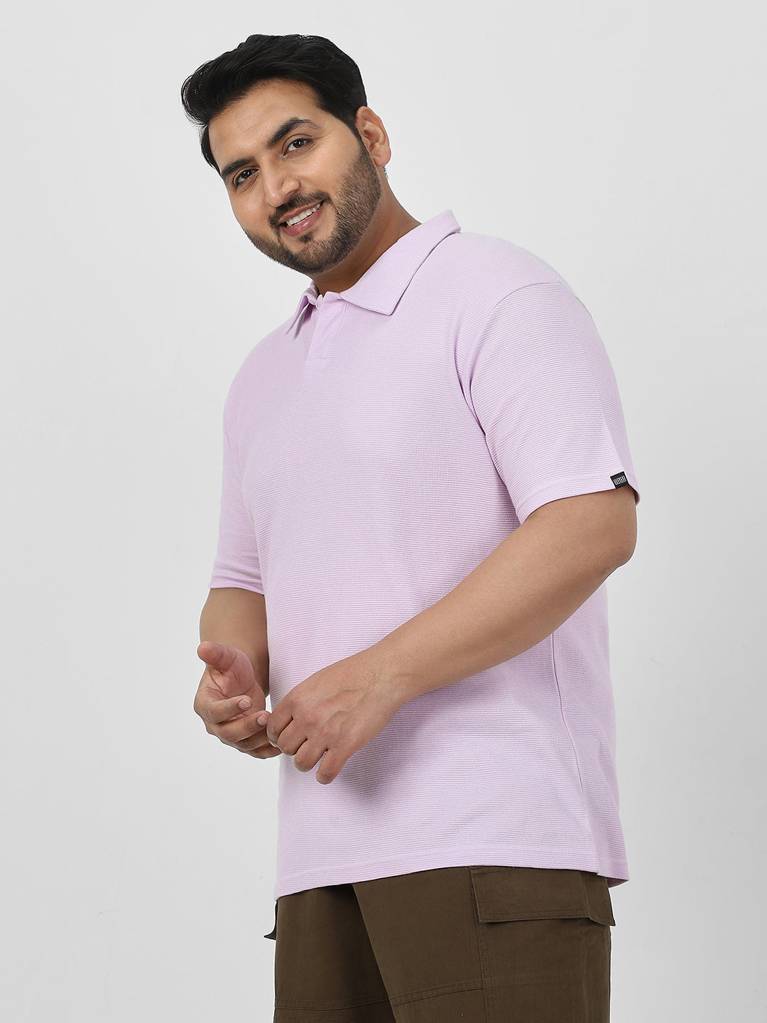 Plus Men's Lilac Textured Regular Fit Half Sleeve Cotton Polo T-Shirt
