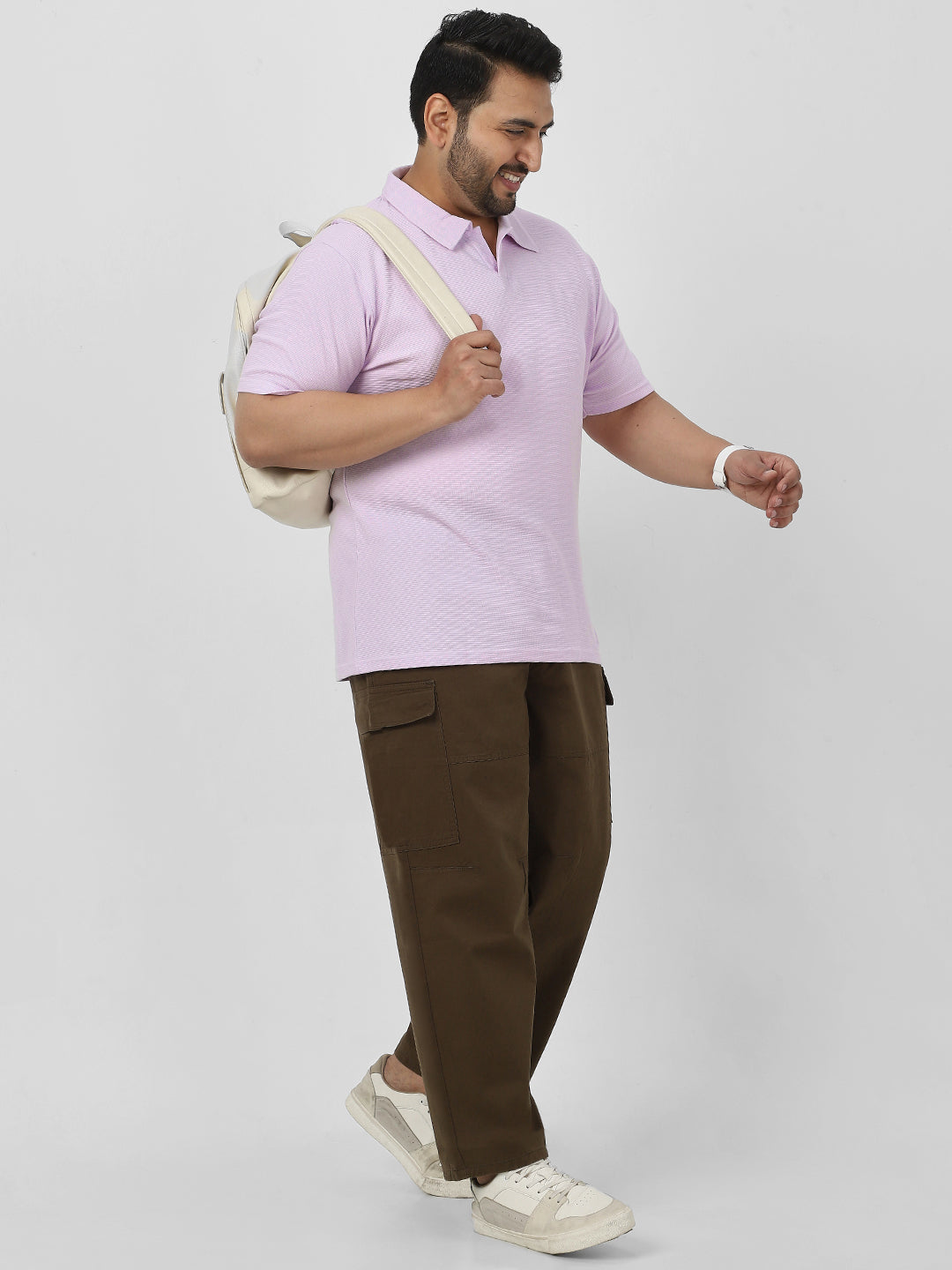 Plus Men's Lilac Textured Regular Fit Half Sleeve Cotton Polo T-Shirt