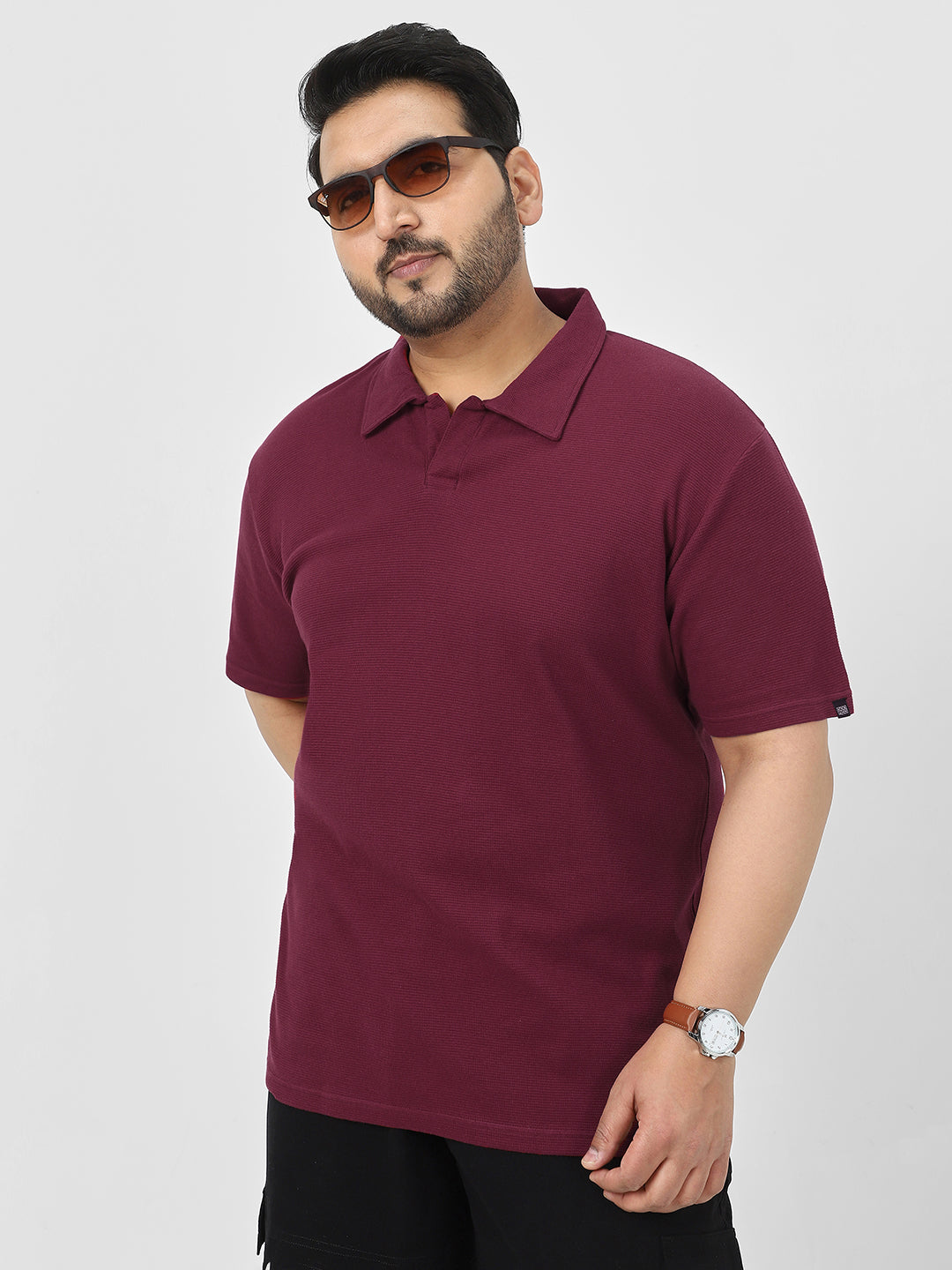 Plus Men's Maroon Textured Regular Fit Half Sleeve Cotton Polo T-Shirt