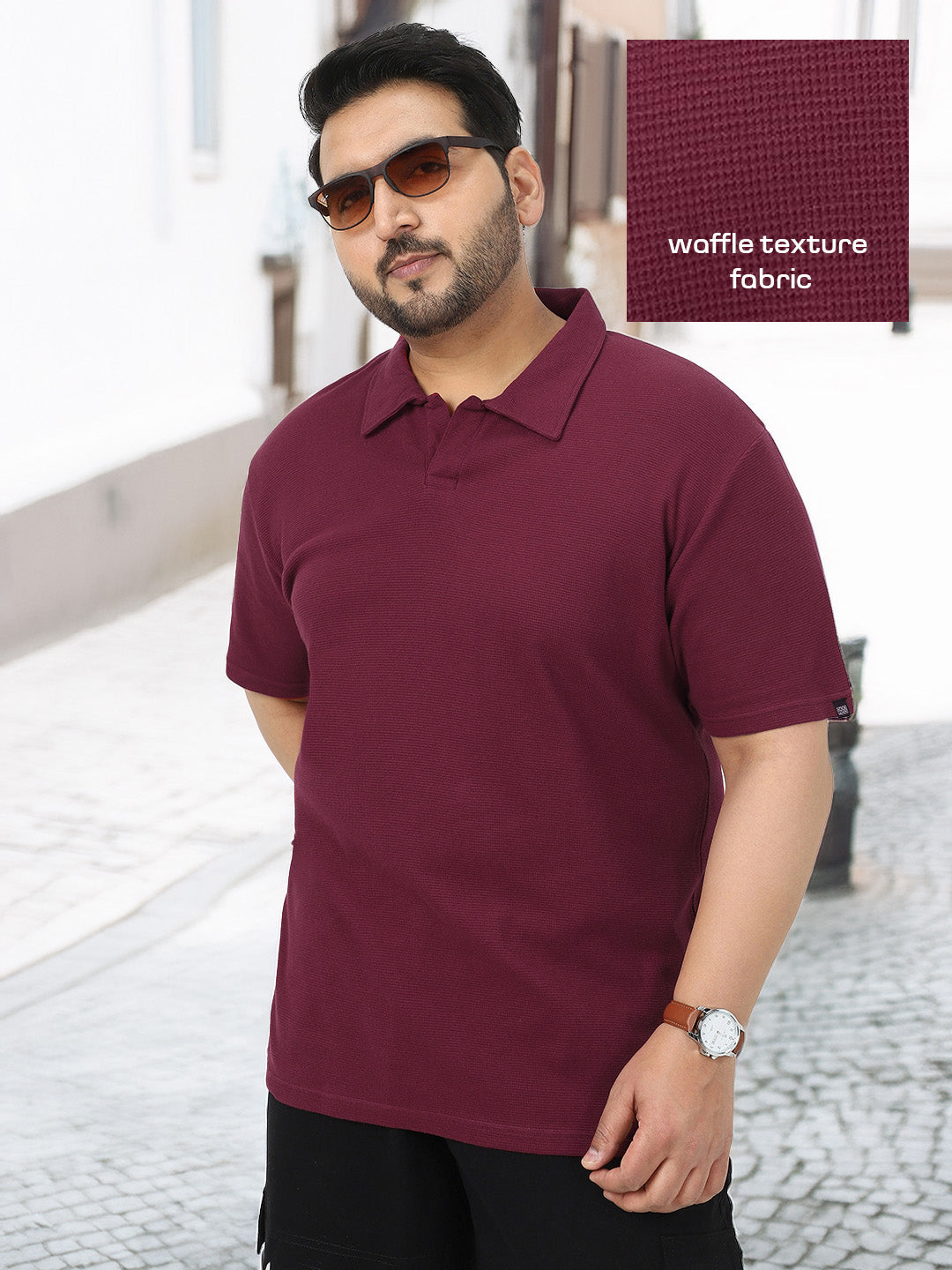 Plus Men's Maroon Textured Regular Fit Half Sleeve Cotton Polo T-Shirt