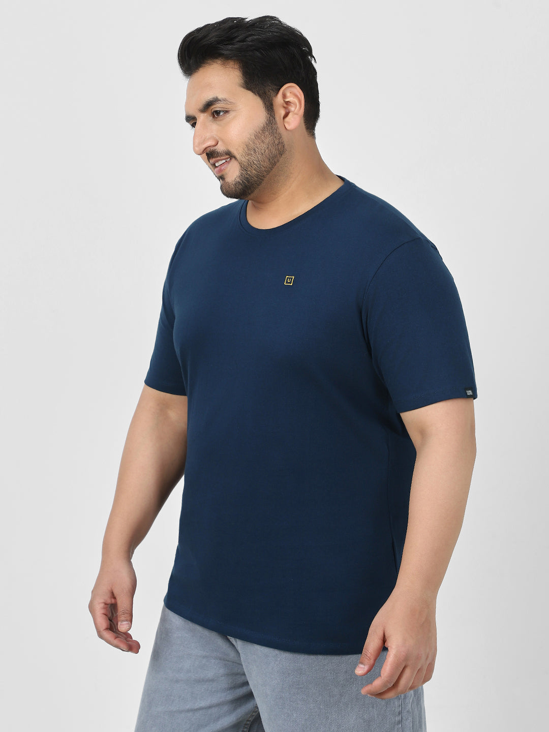 Plus Men's Navy Blue Solid Regular Fit Round Neck Cotton T-Shirt