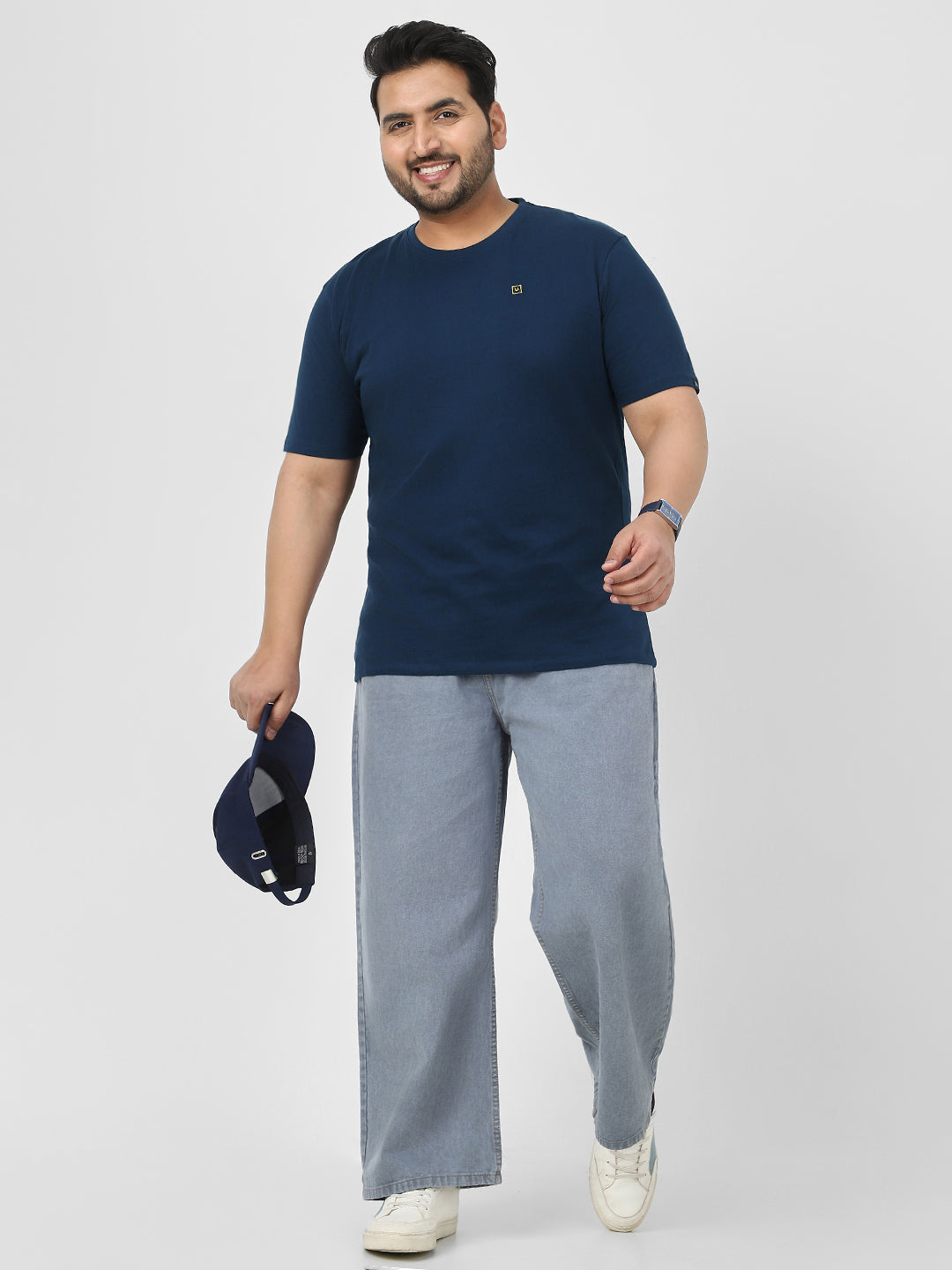 Plus Men's Navy Blue Solid Regular Fit Round Neck Cotton T-Shirt