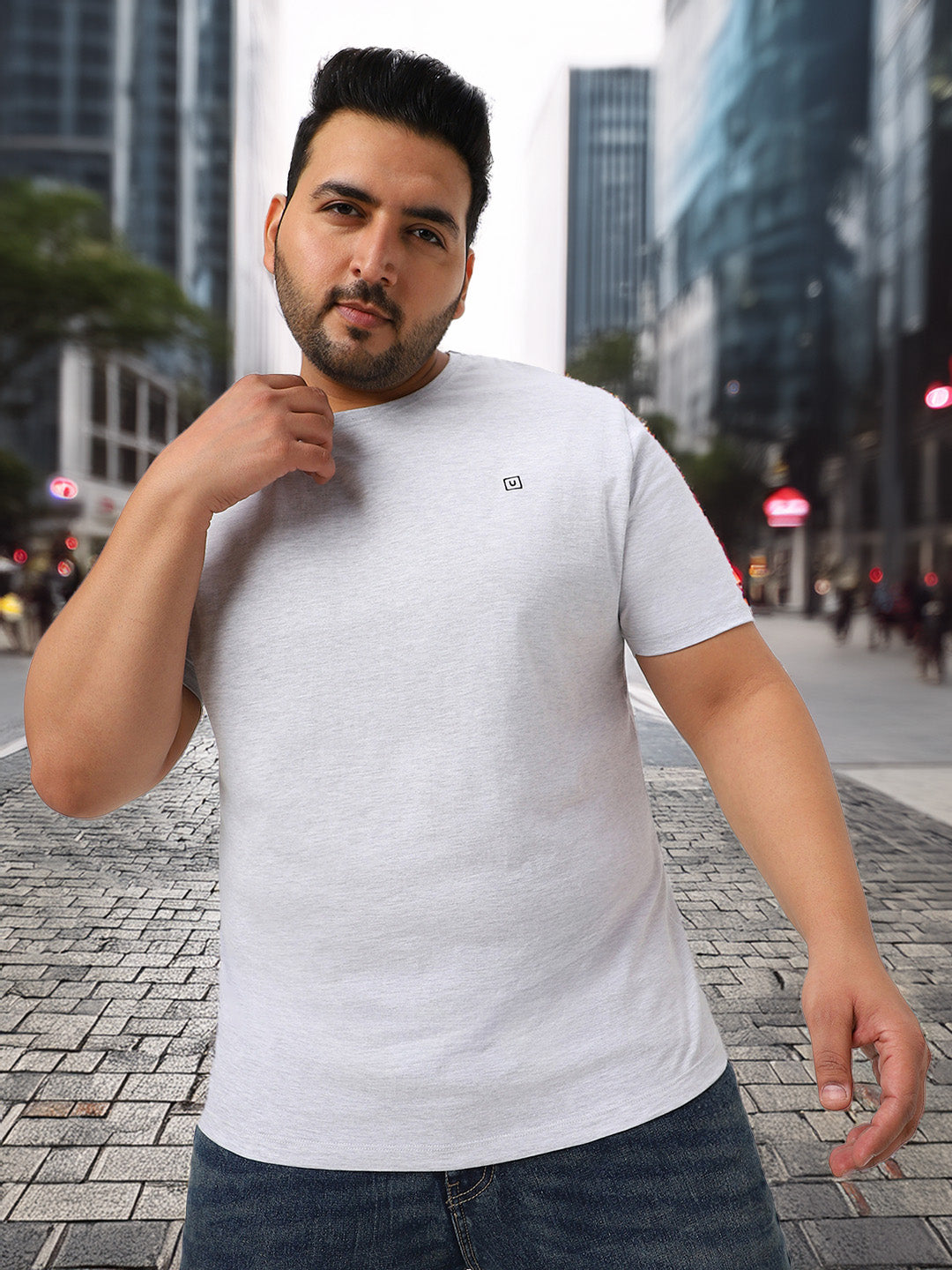 Plus Men's White Melange Solid Regular Fit Round Neck Cotton T-Shirt