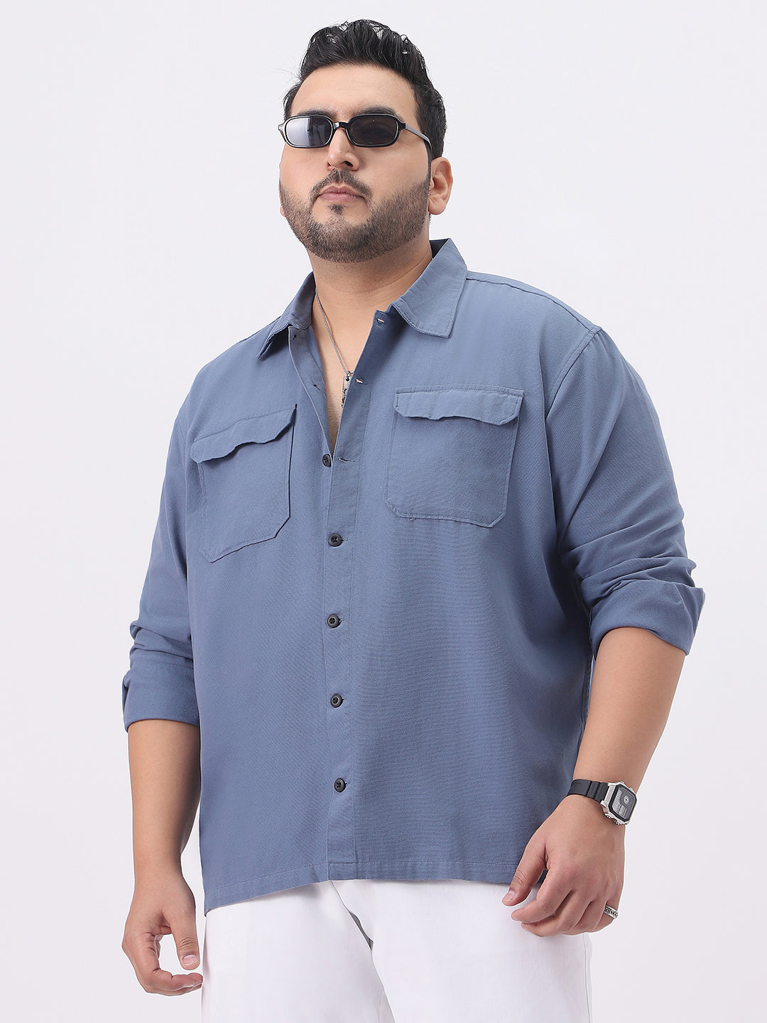 Plus Men's Blue Cotton Full Sleeve Relaxed Fit Shacket with Utility Pockets
