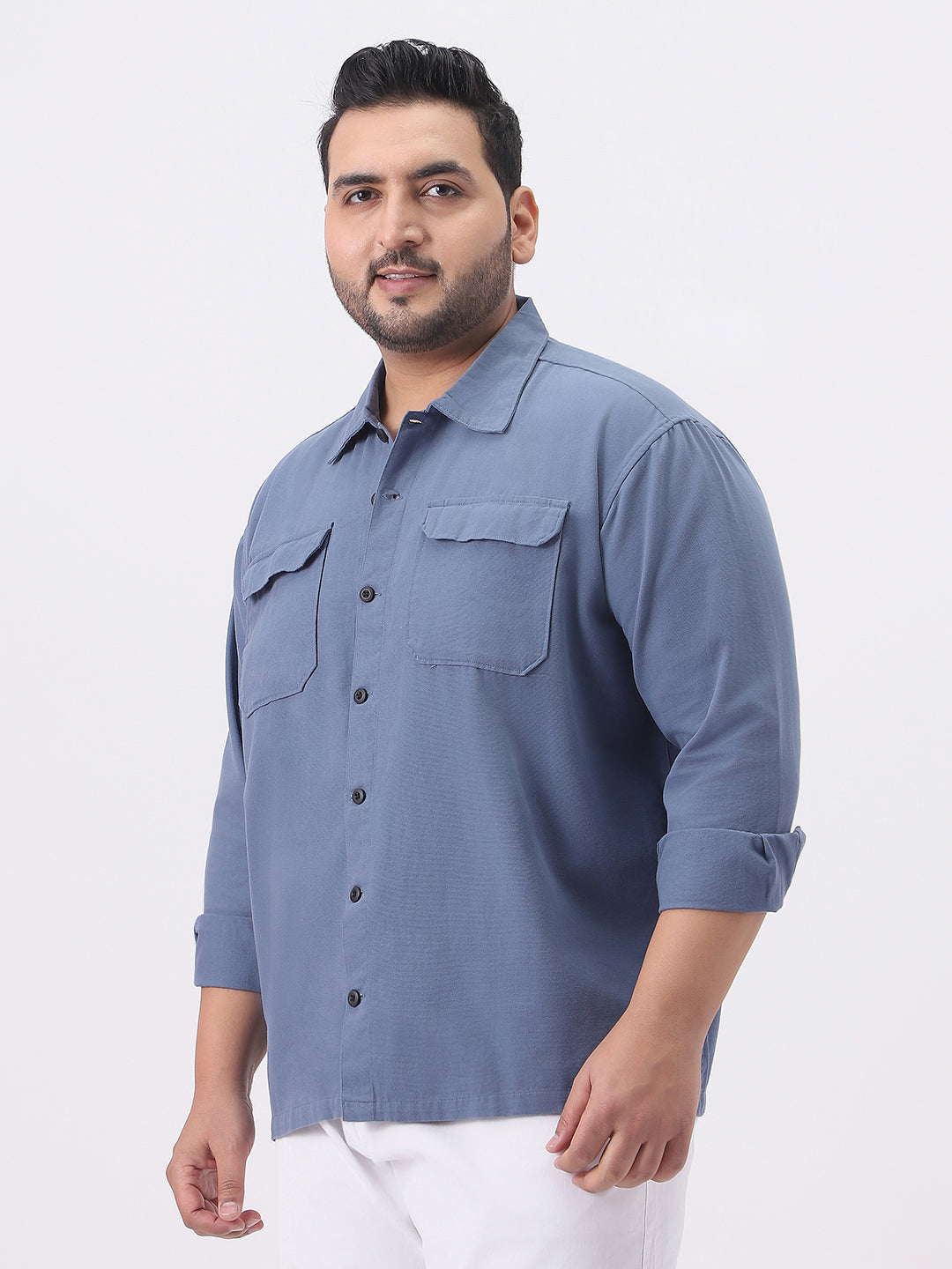 Plus Men's Blue Cotton Full Sleeve Relaxed Fit Shacket with Utility Pockets