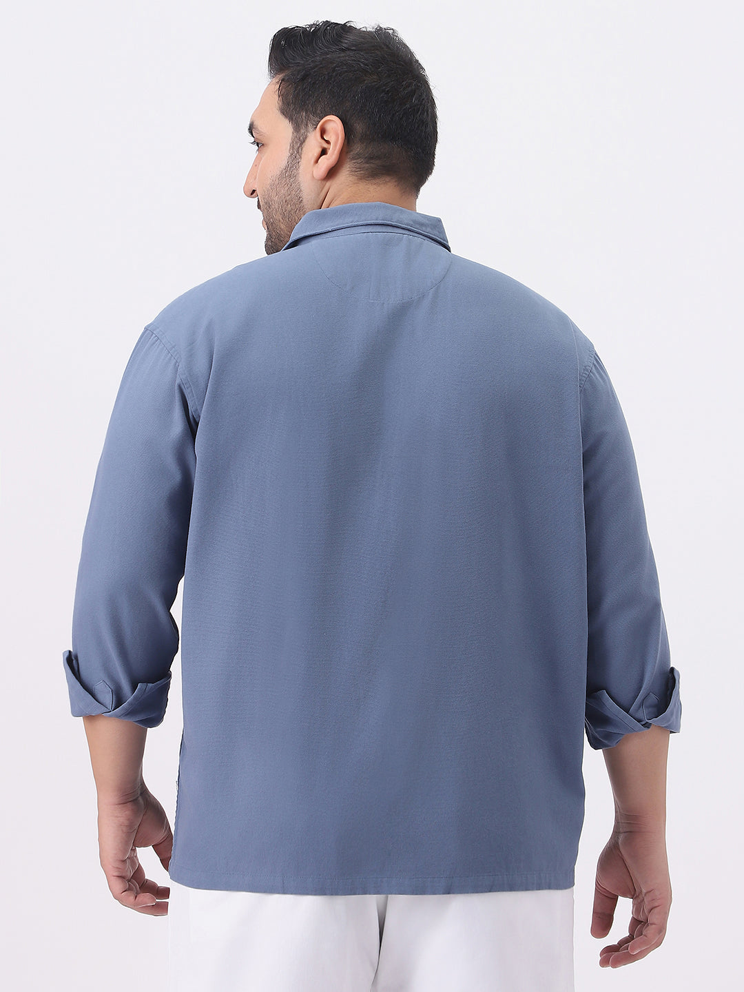 Plus Men's Blue Cotton Full Sleeve Relaxed Fit Shacket with Utility Pockets