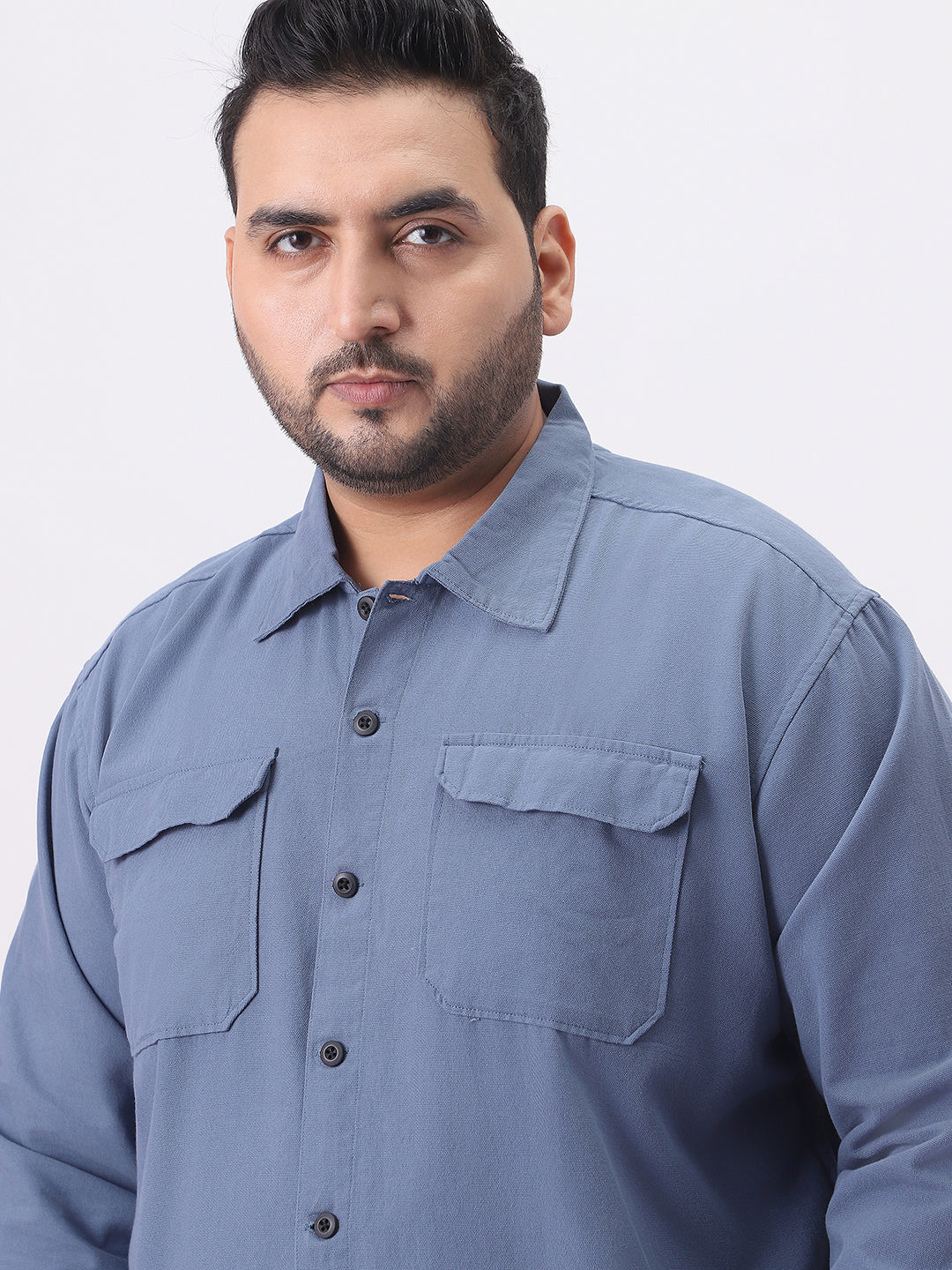 Plus Men's Blue Cotton Full Sleeve Relaxed Fit Shacket with Utility Pockets