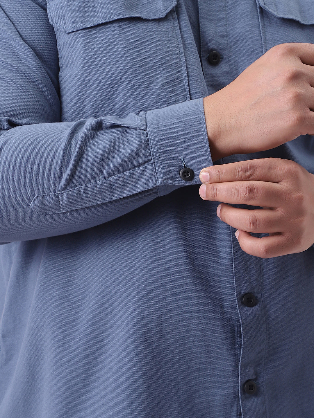 Plus Men's Blue Cotton Full Sleeve Relaxed Fit Shacket with Utility Pockets